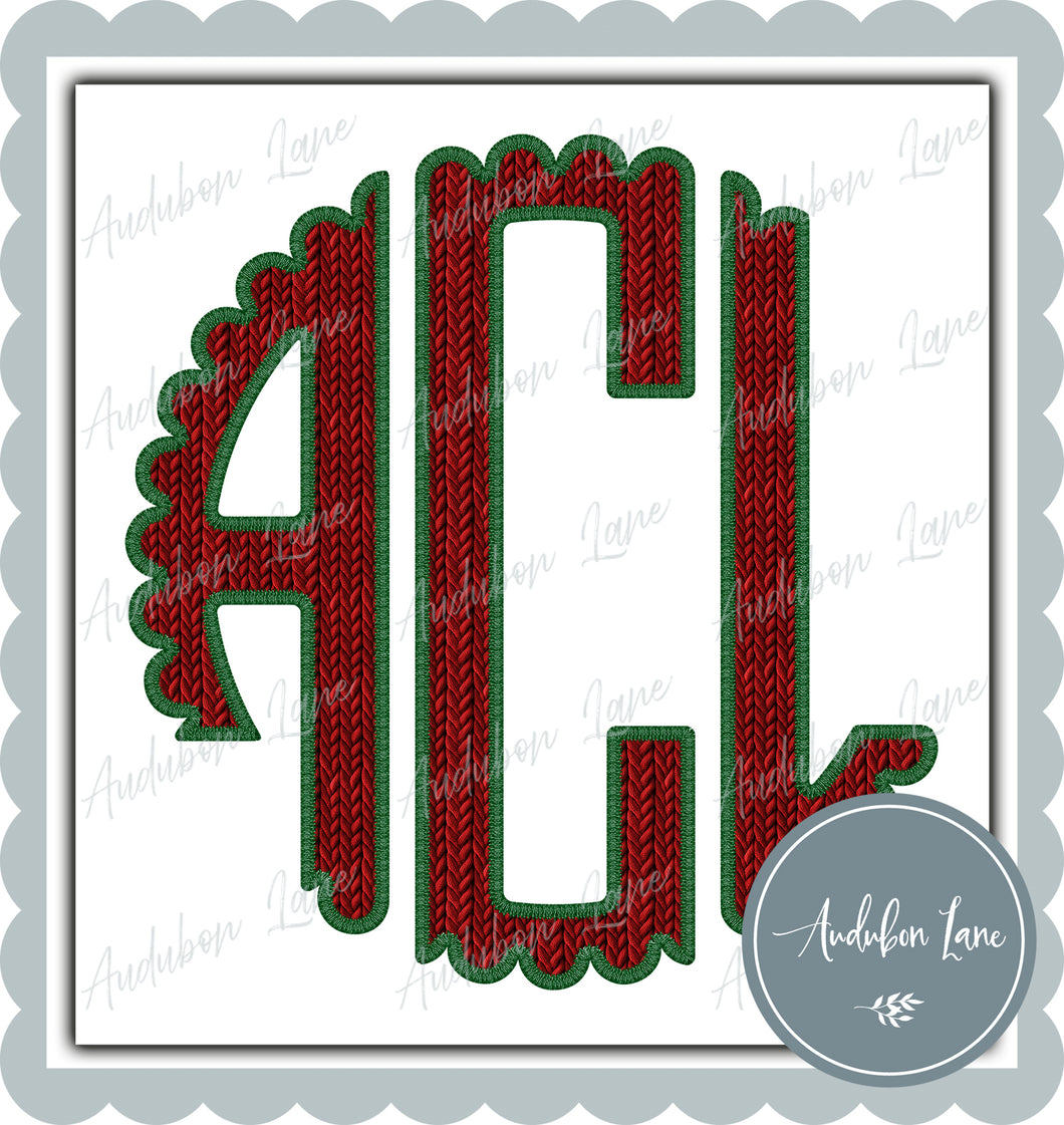 ACL Red Faux Knit And Green Embroidery Scalloped Initials Print Ready To Press DTF Transfer Customs Available