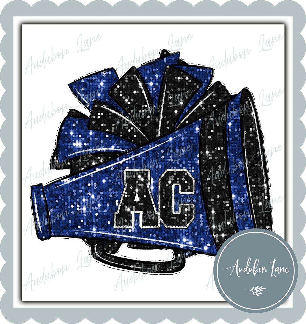 AC Royal and Black Faux Sequin Megaphone and Pom with Mascot Print Ready To Press DTF Transfer Custom Colors Available On Request