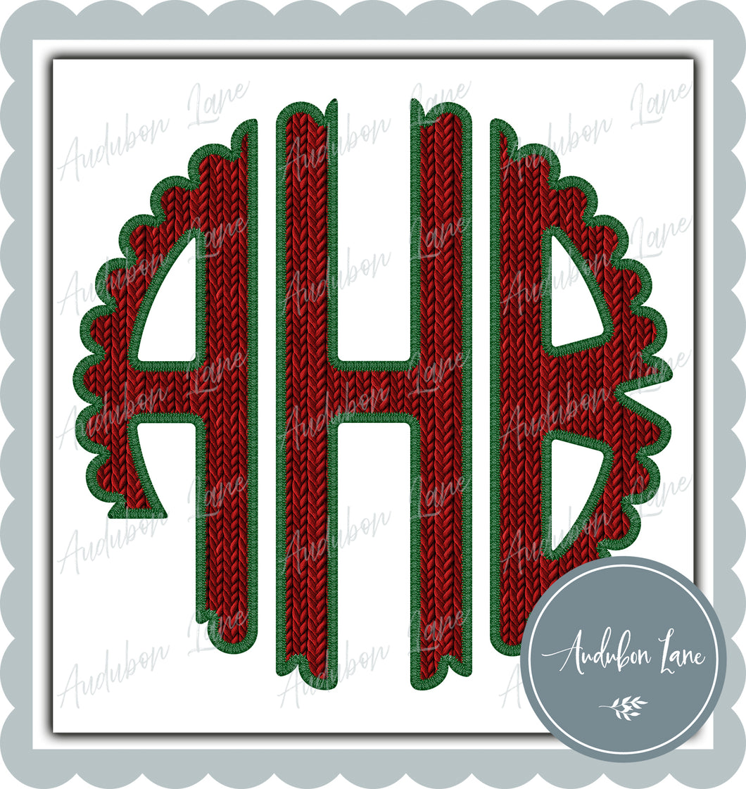AHB Red Faux Knit And Green Embroidery Scalloped Initials Print Ready To Press DTF Transfer Customs Available