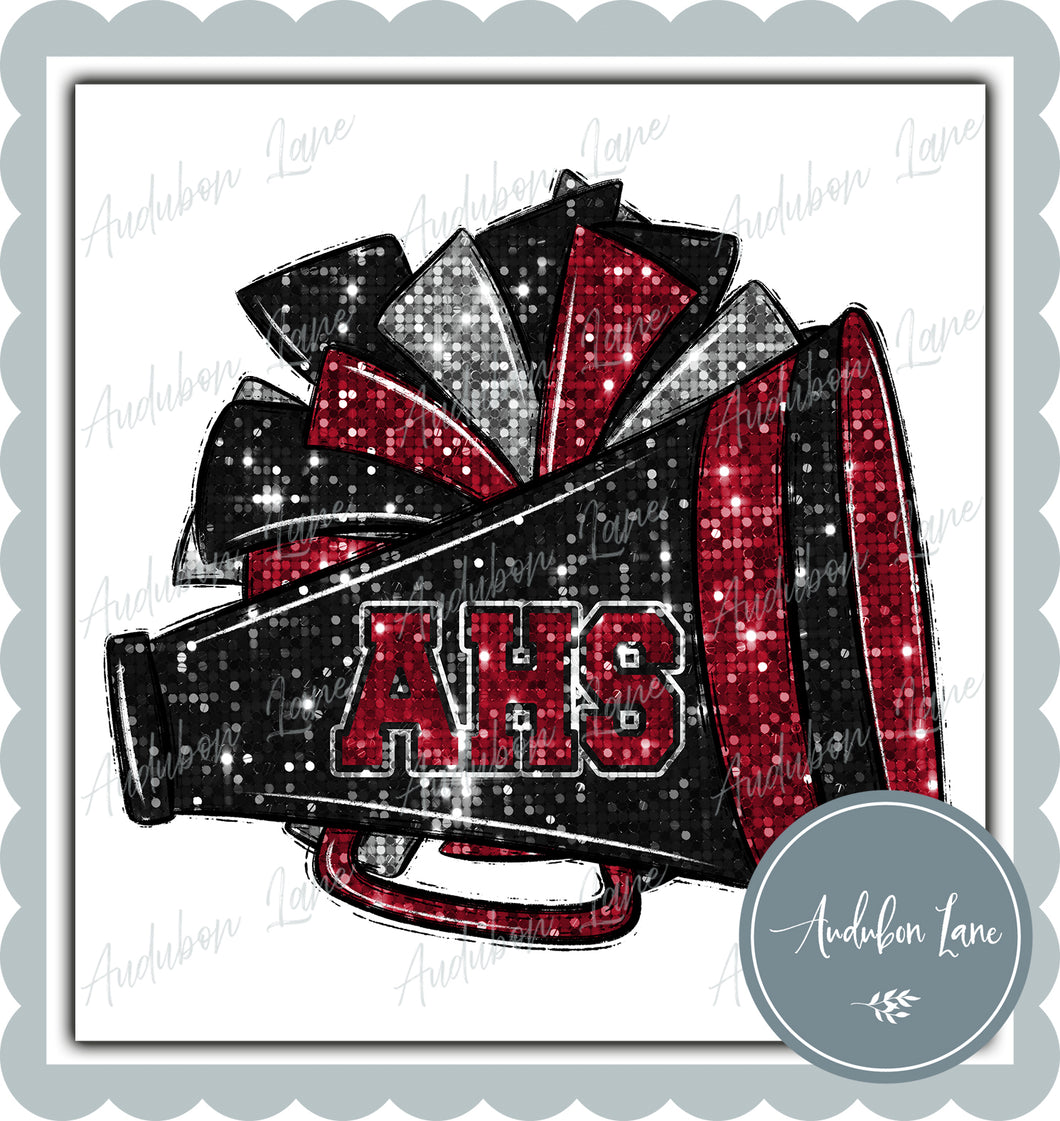 AHS Black and Maroon Faux Sequin Megaphone and Pom with Mascot Print Ready To Press DTF Transfer Custom Colors Available On Request
