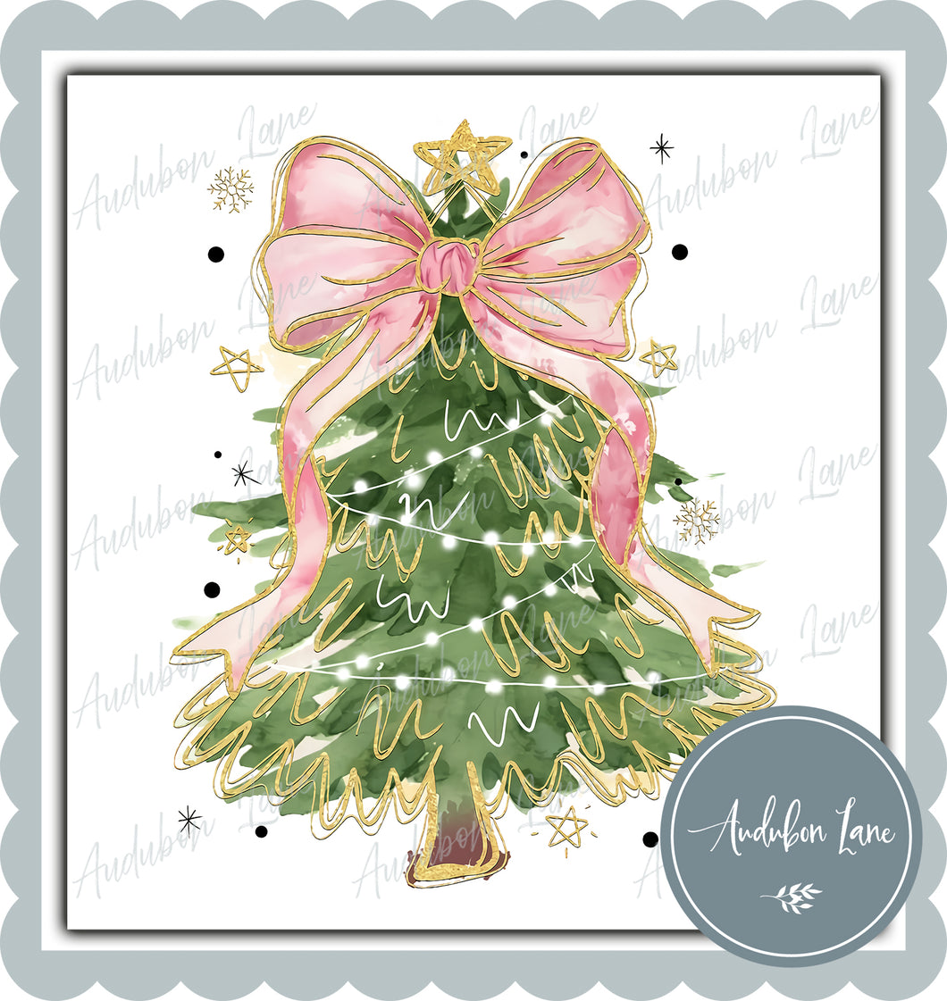 Watercolor Christmas Tree with Pink Bow