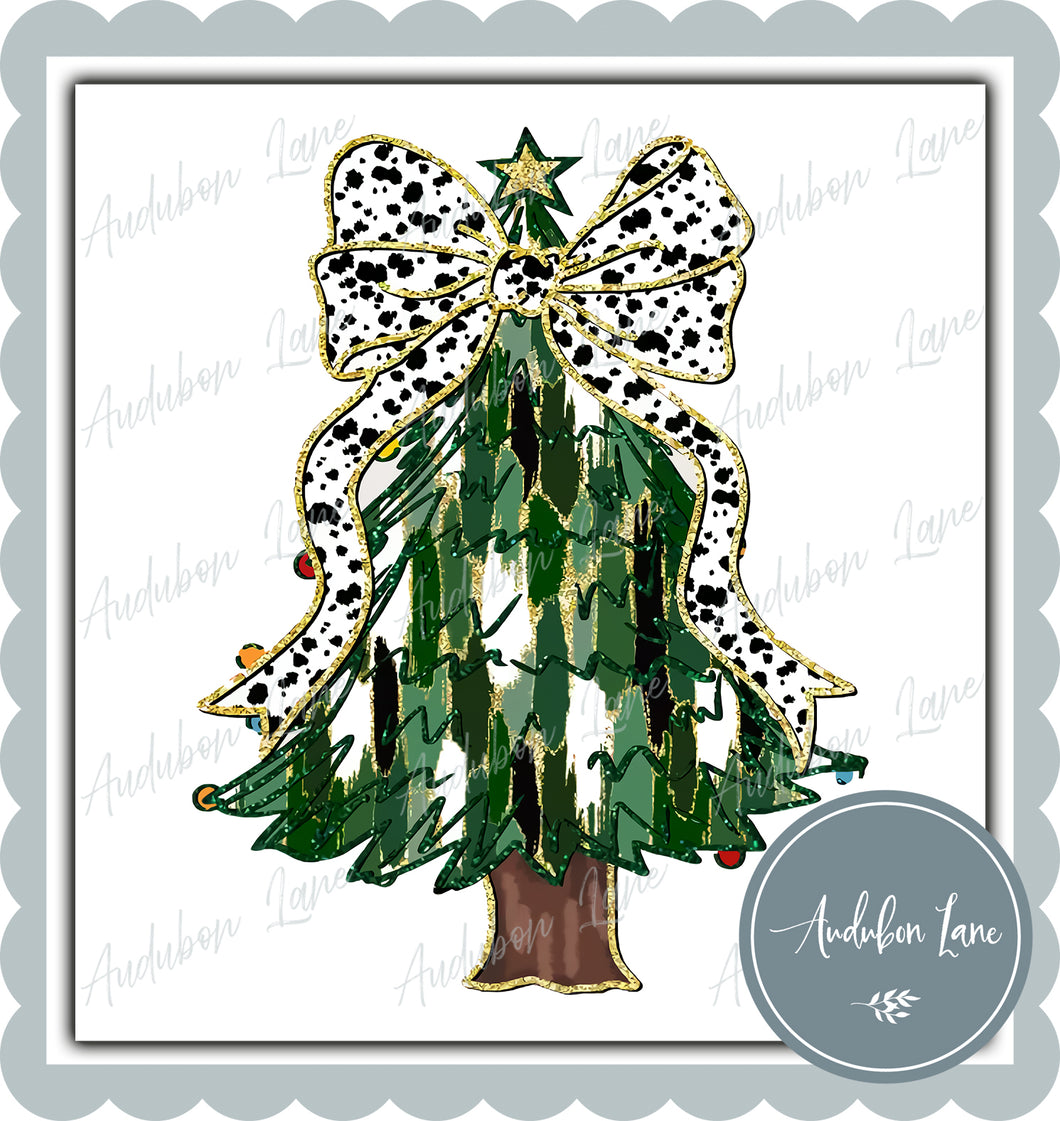 Green and Gold Christmas Tree with Ornaments and Black and White Polka Dot Bow