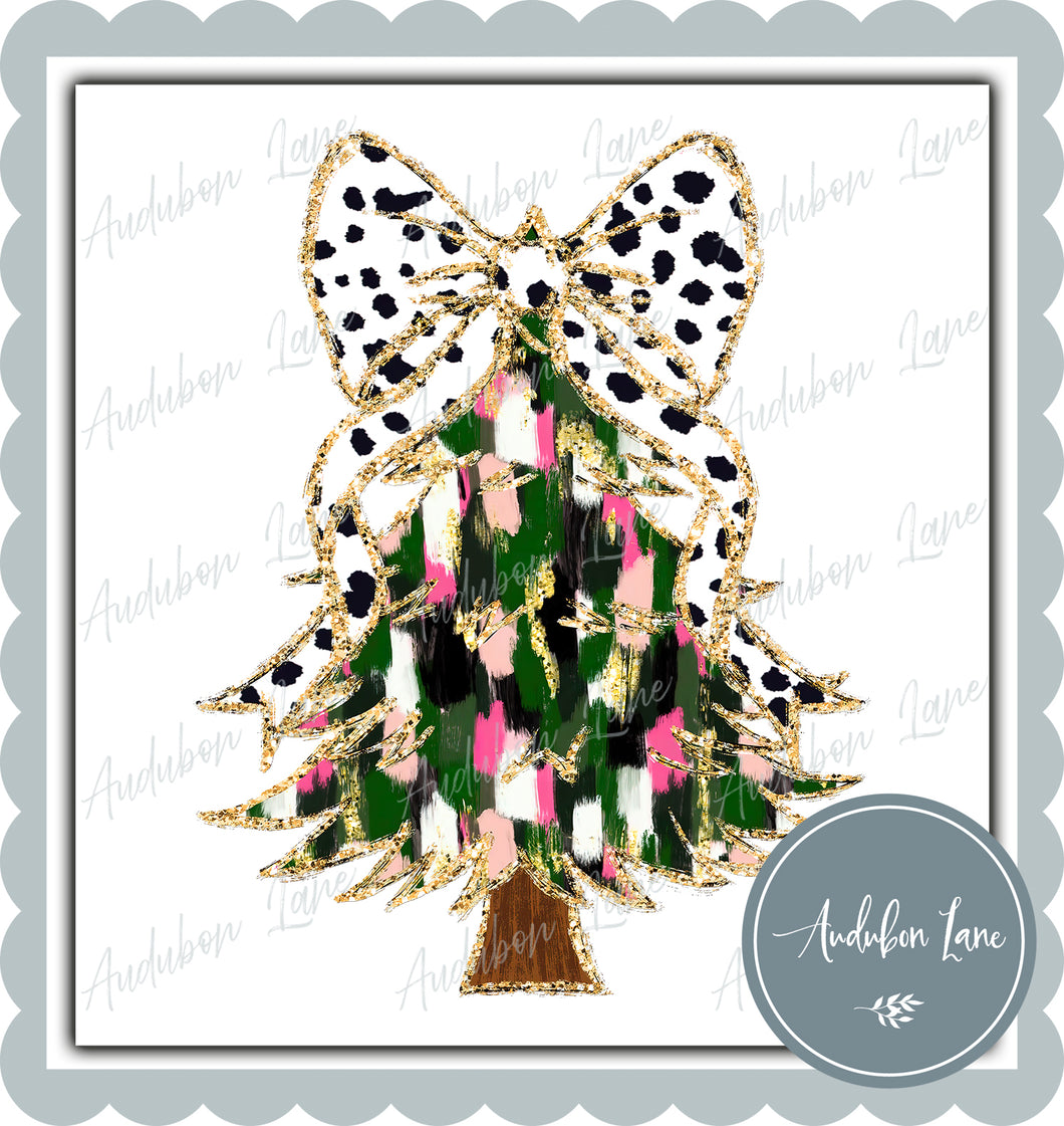 Pink, Green and Gold Christmas Tree with Black and White Polka Dot Bow