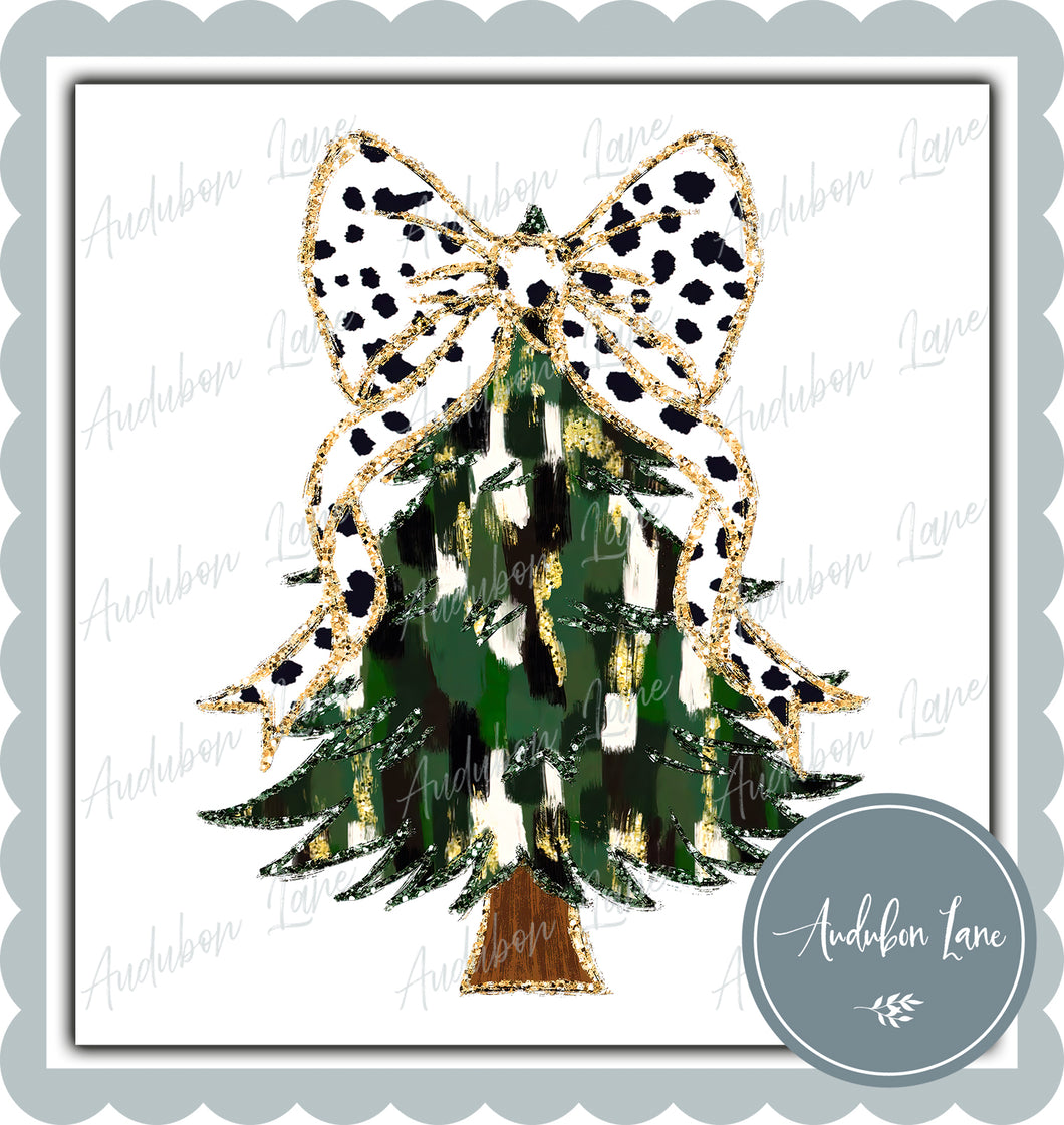 Green and Gold Christmas Tree with Black and White Polka Dot Bow