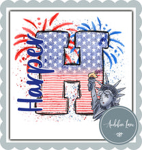 Load image into Gallery viewer, Personalized American Flag Doodle Letter With Name And Statue of Liberty
