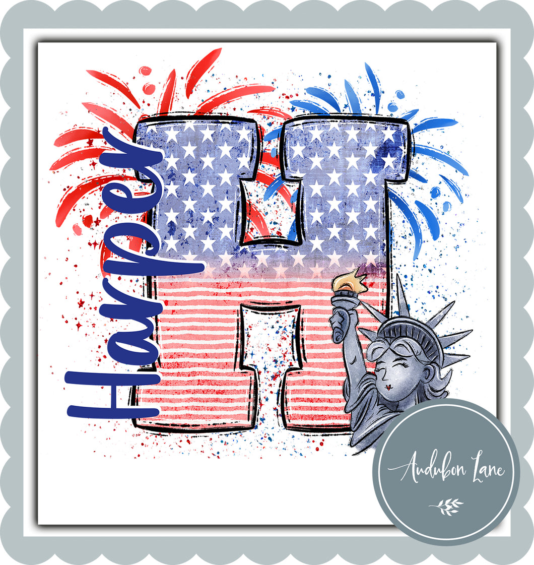Personalized American Flag Doodle Letter With Name And Statue of Liberty