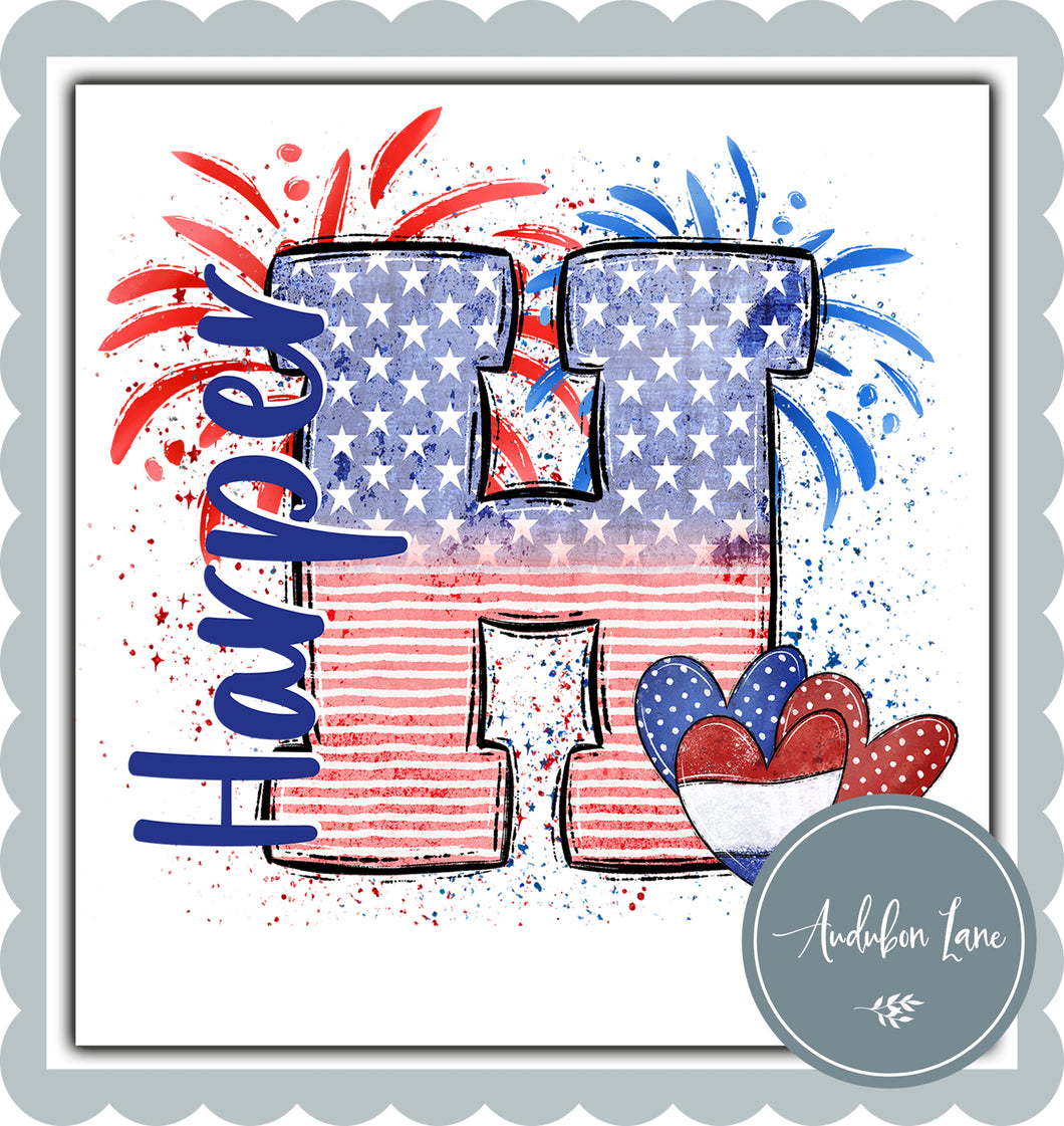 Personalized American Flag Doodle Letter With Name And Hearts