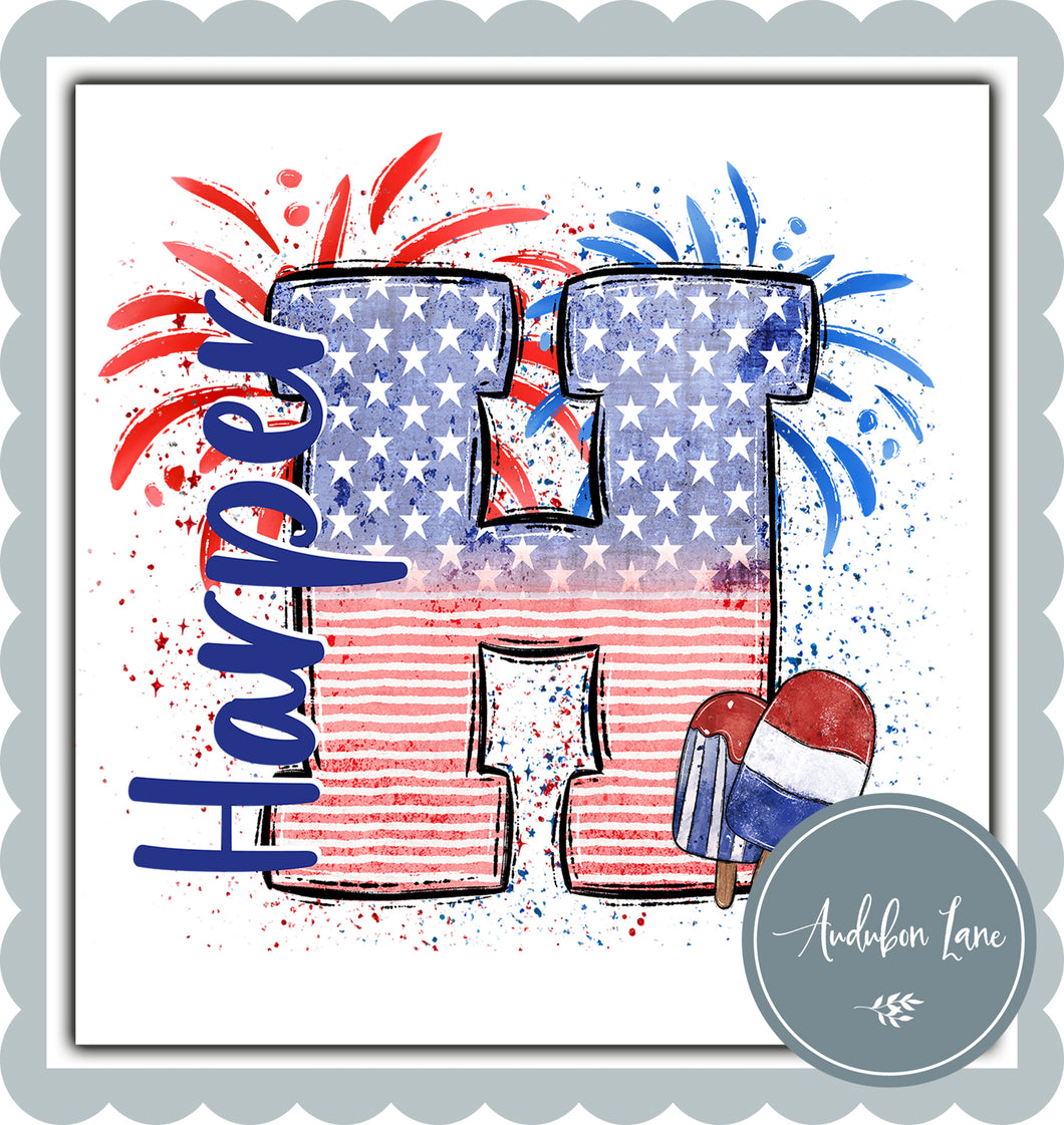 Personalized American Flag Doodle Letter With Name And Popcicles