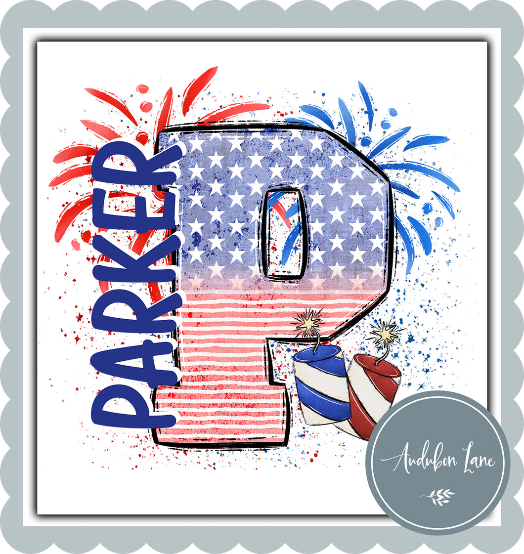 Personalized American Flag Doodle Letter With Name And Fireworks