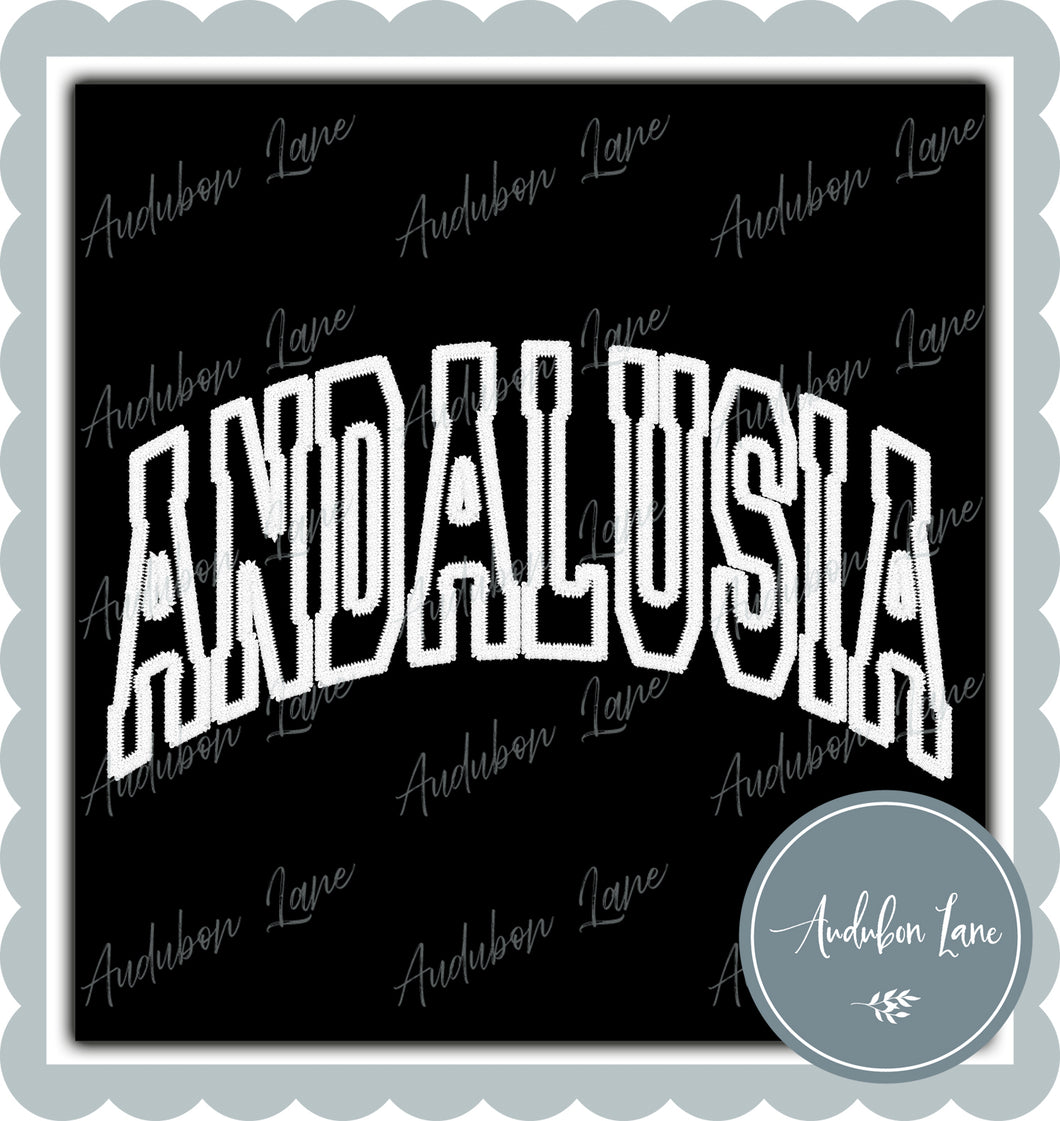 Andalusia Faux White Arched Embroidery Ready To Press DTF Transfer Custom Colors Available On Request