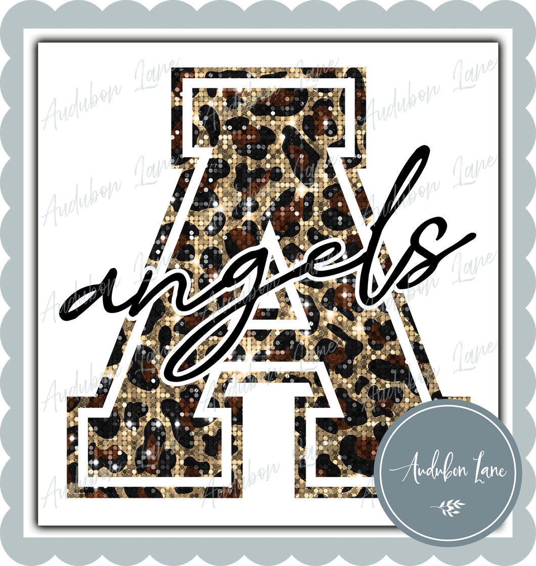 Angels Sequin Leopard Mascot Letter Ready to Press DTF Transfer Customs Available On Request
