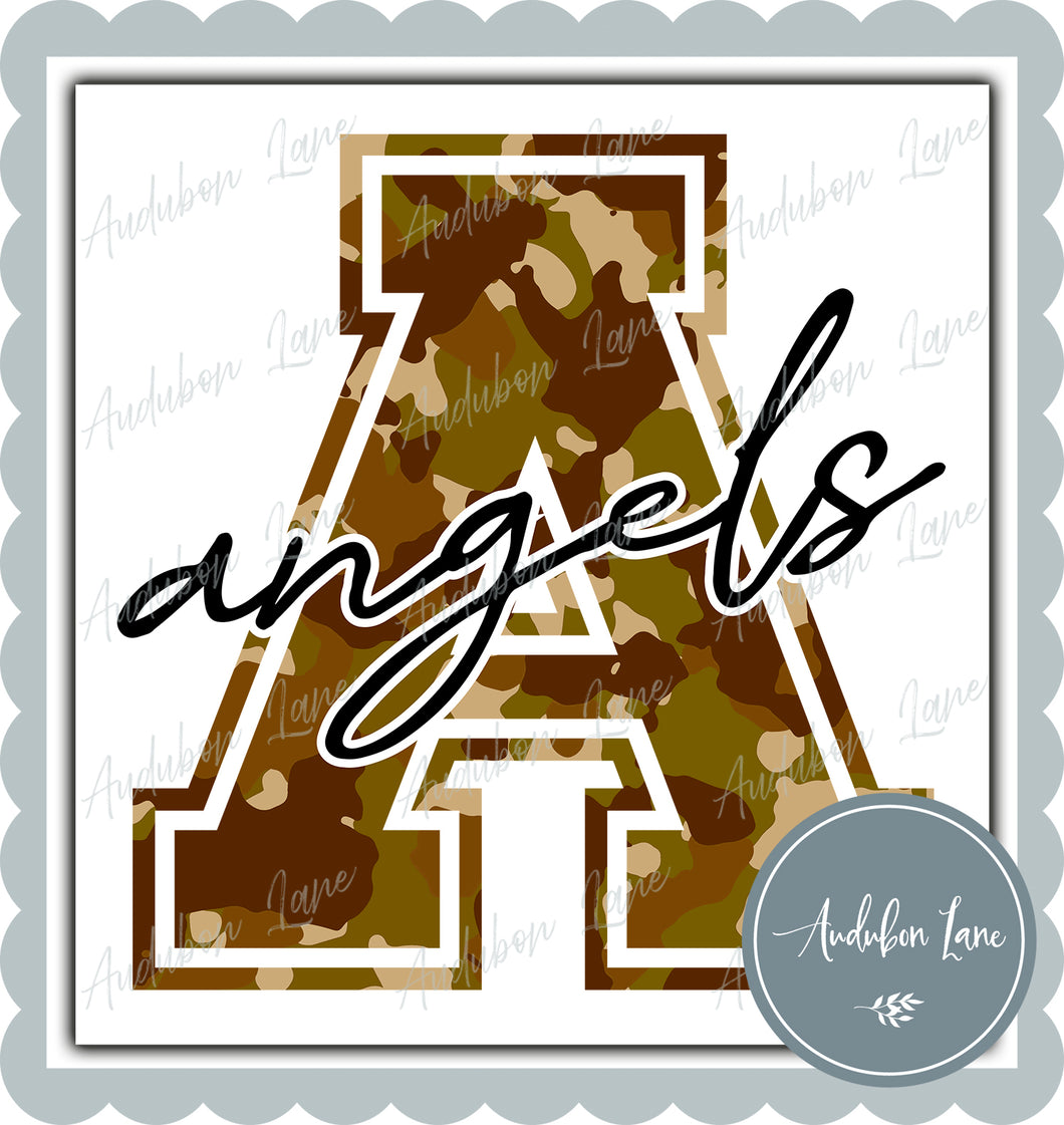 Angels Old School Camo Mascot Letter Ready to Press DTF Transfer Customs Available On Request
