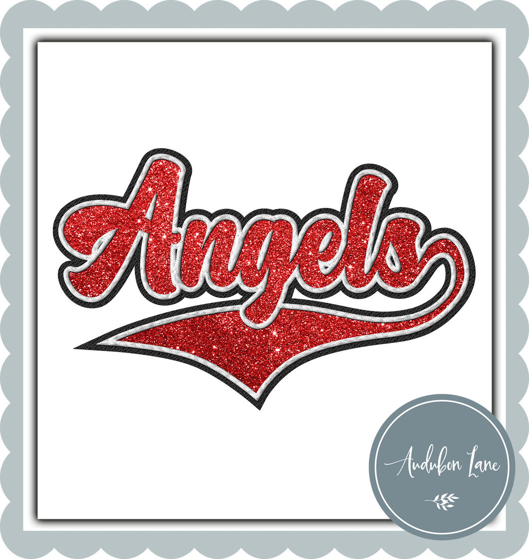 Angels Faux Glitter Red and White and Black Embroidery