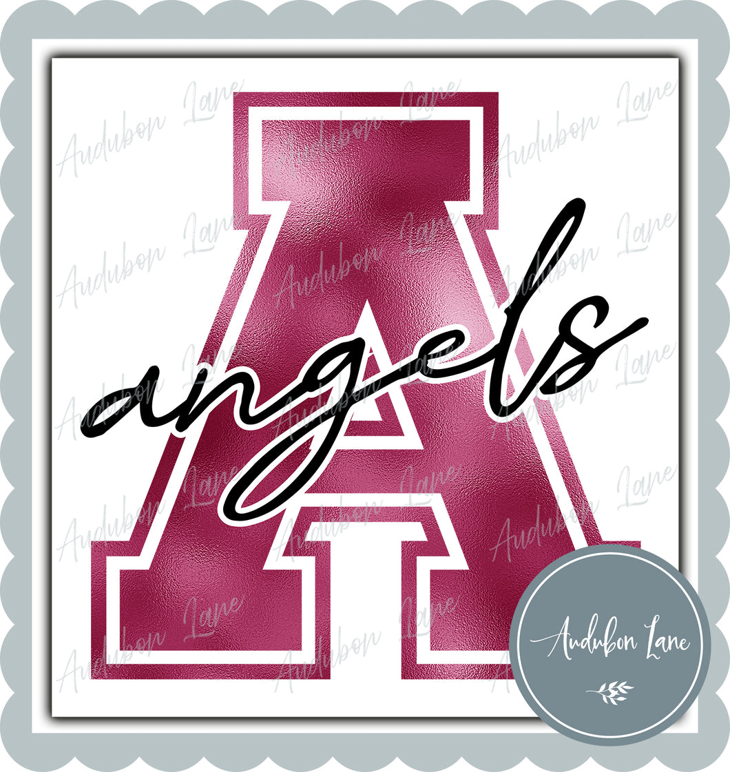 Angels Breast Cancer Awareness Faux Metallic Pink Foil Mascot Letter Ready to Press DTF Transfer Customs Available On Request