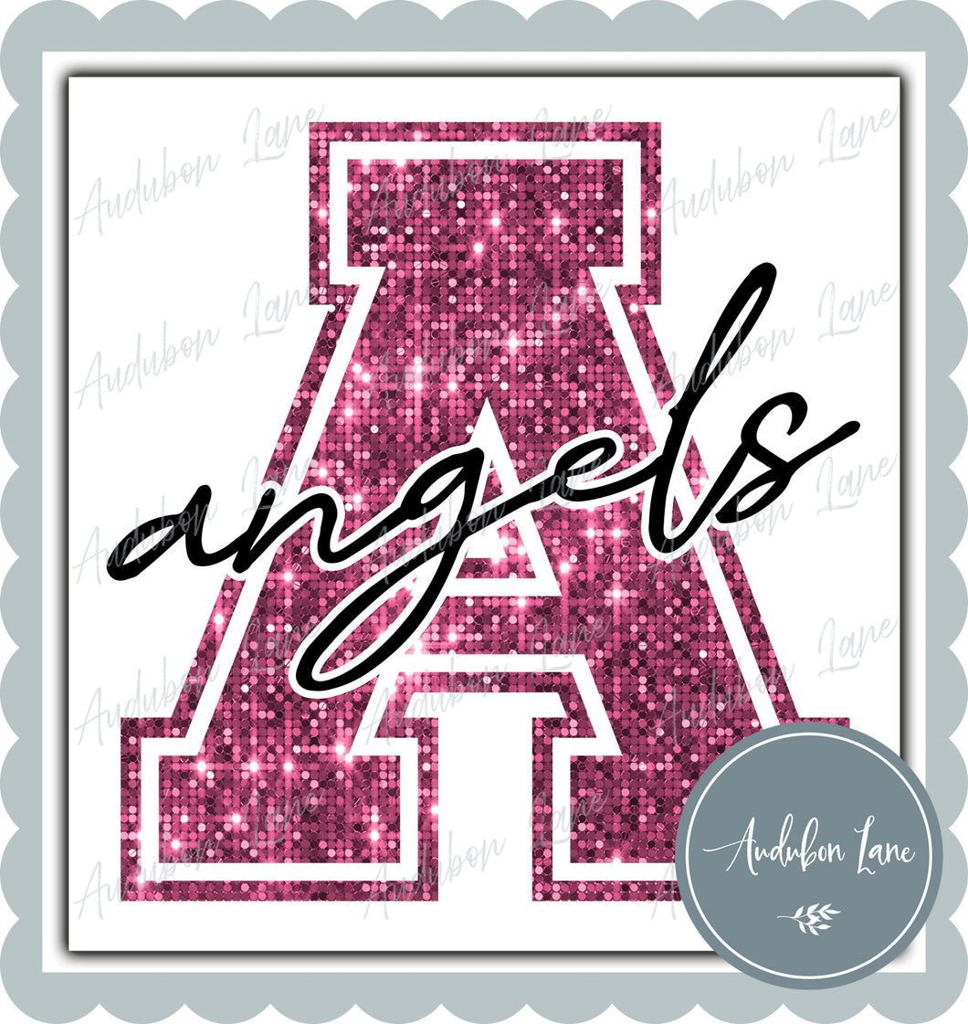 Angels Breast Cancer Awareness Faux Pink Sequin Mascot Letter Ready to Press DTF Transfer Customs Available On Request