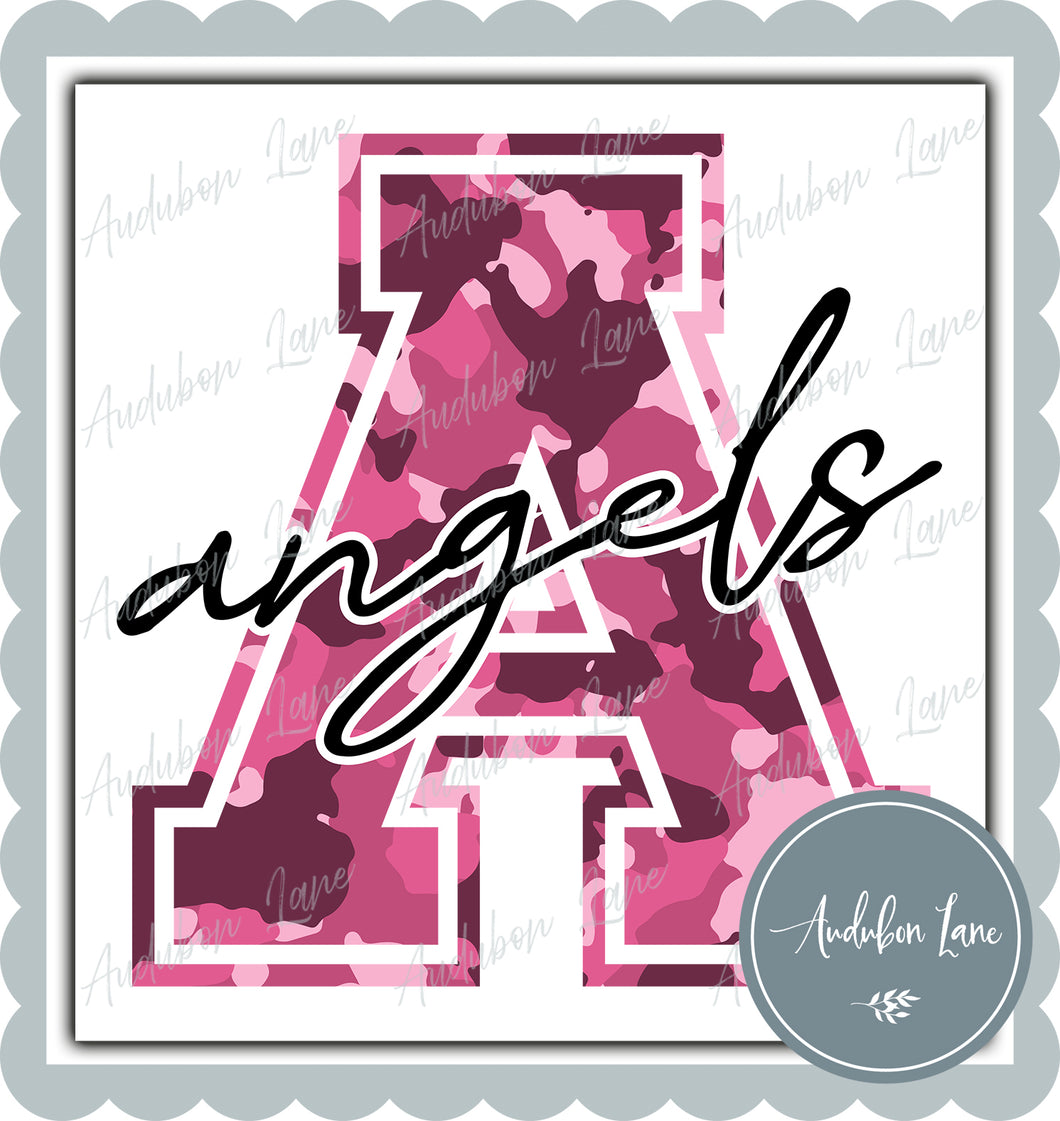Angels Breast Cancer Awareness Pink Camo Mascot Letter Ready to Press DTF Transfer Customs Available On Request