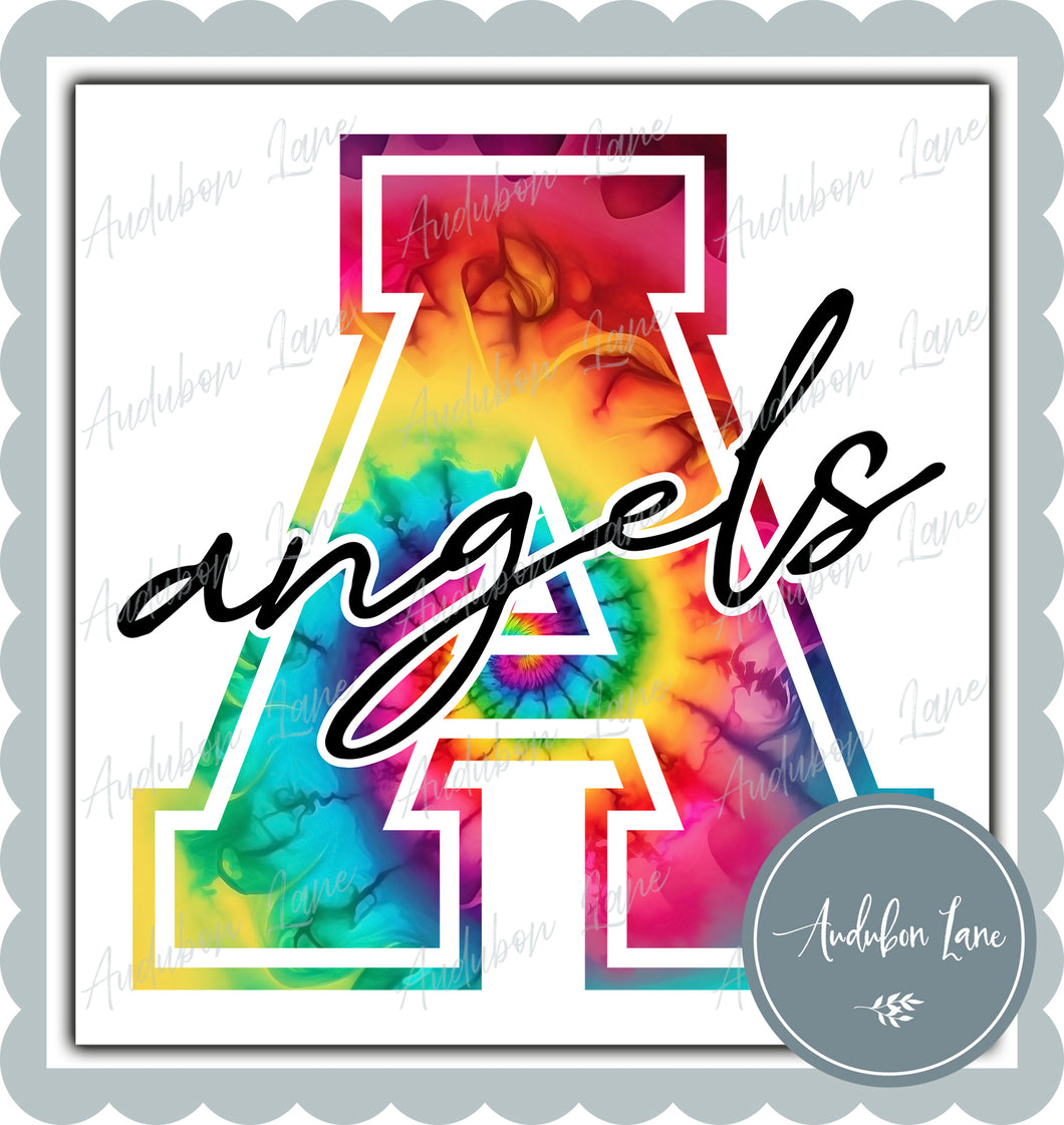 Angels Rainbow Tie Dye Mascot Letter Ready to Press DTF Transfer Customs Available On Request