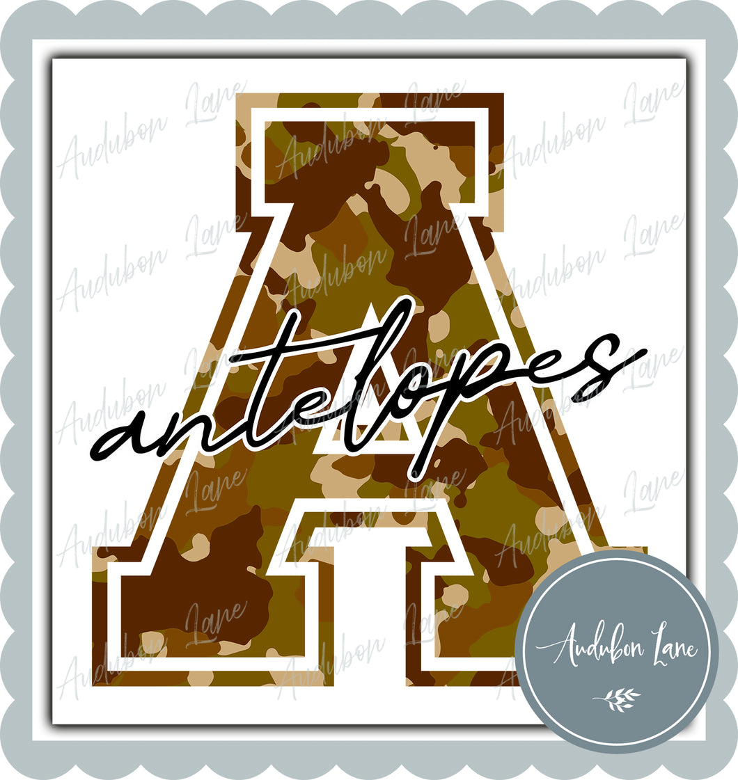 Antelopes Old School Camo Mascot Letter Ready to Press DTF Transfer Customs Available On Request