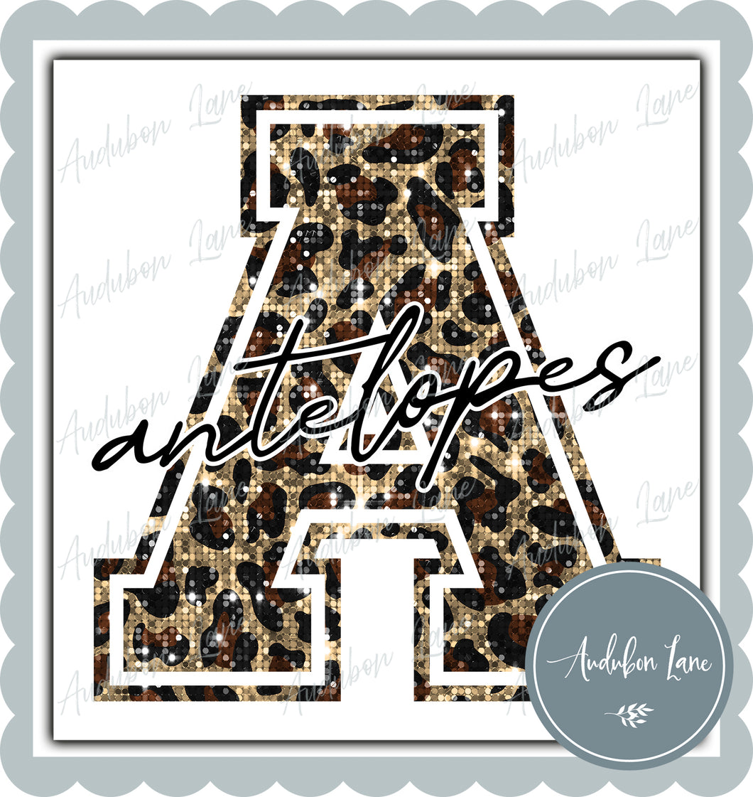 Antelopes Sequin Leopard Mascot Letter Ready to Press DTF Transfer Customs Available On Request