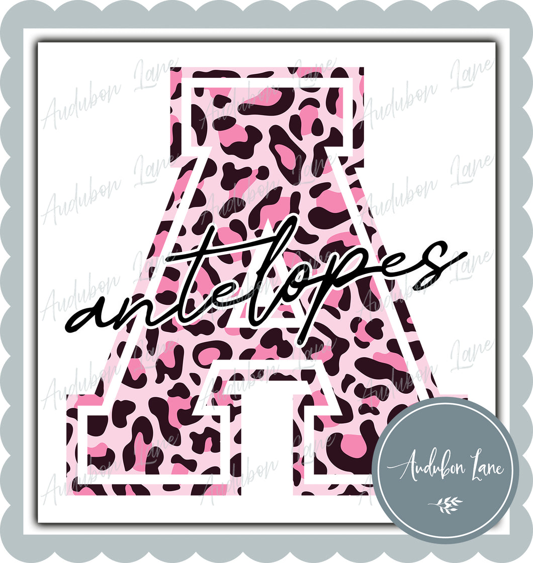 Antelopes Breast Cancer Awareness Pink Leopard Mascot Letter Ready to Press DTF Transfer Customs Available On Request