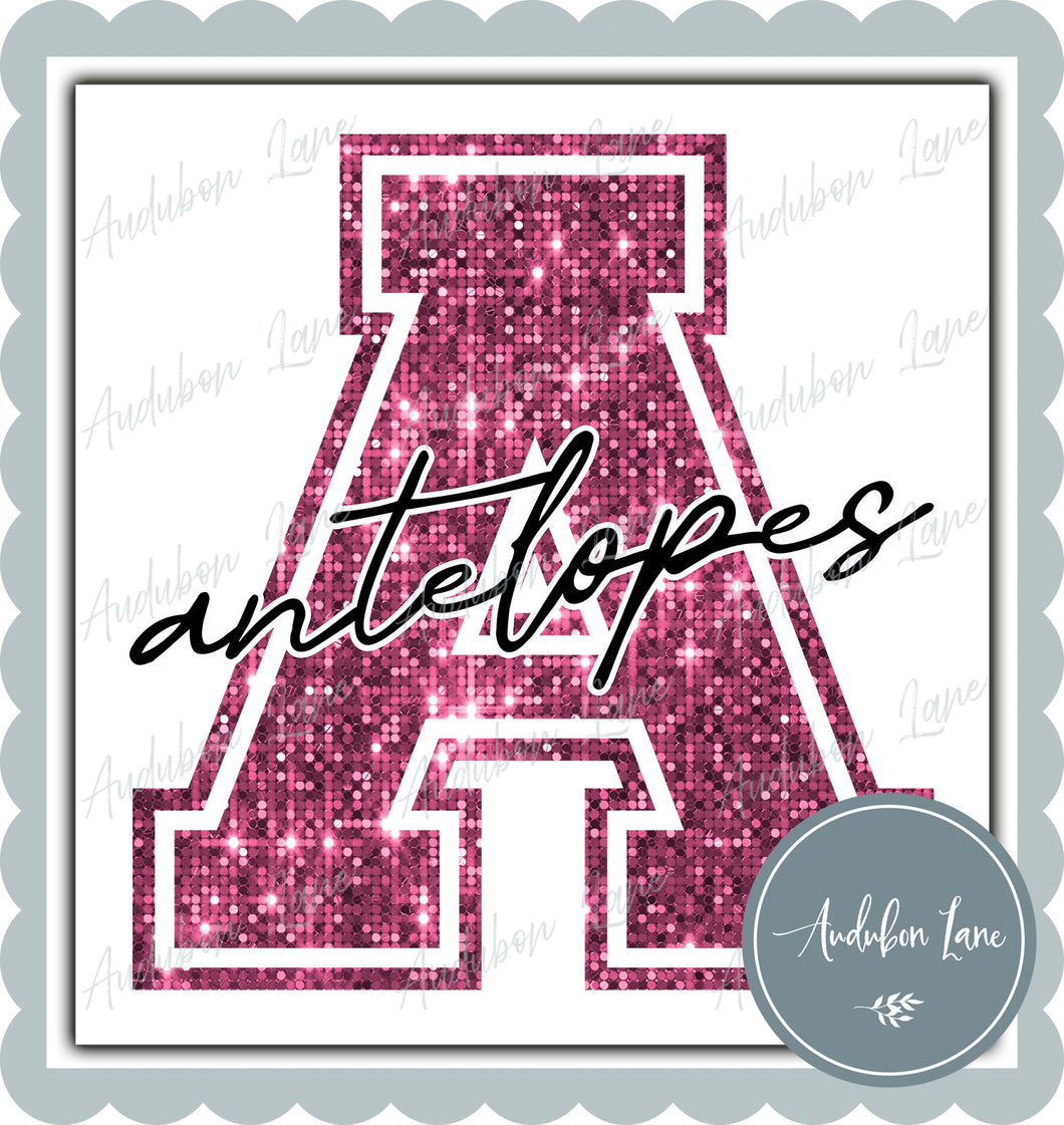 Antelopes Breast Cancer Awareness Faux Pink Sequin Mascot Letter Ready to Press DTF Transfer Customs Available On Request