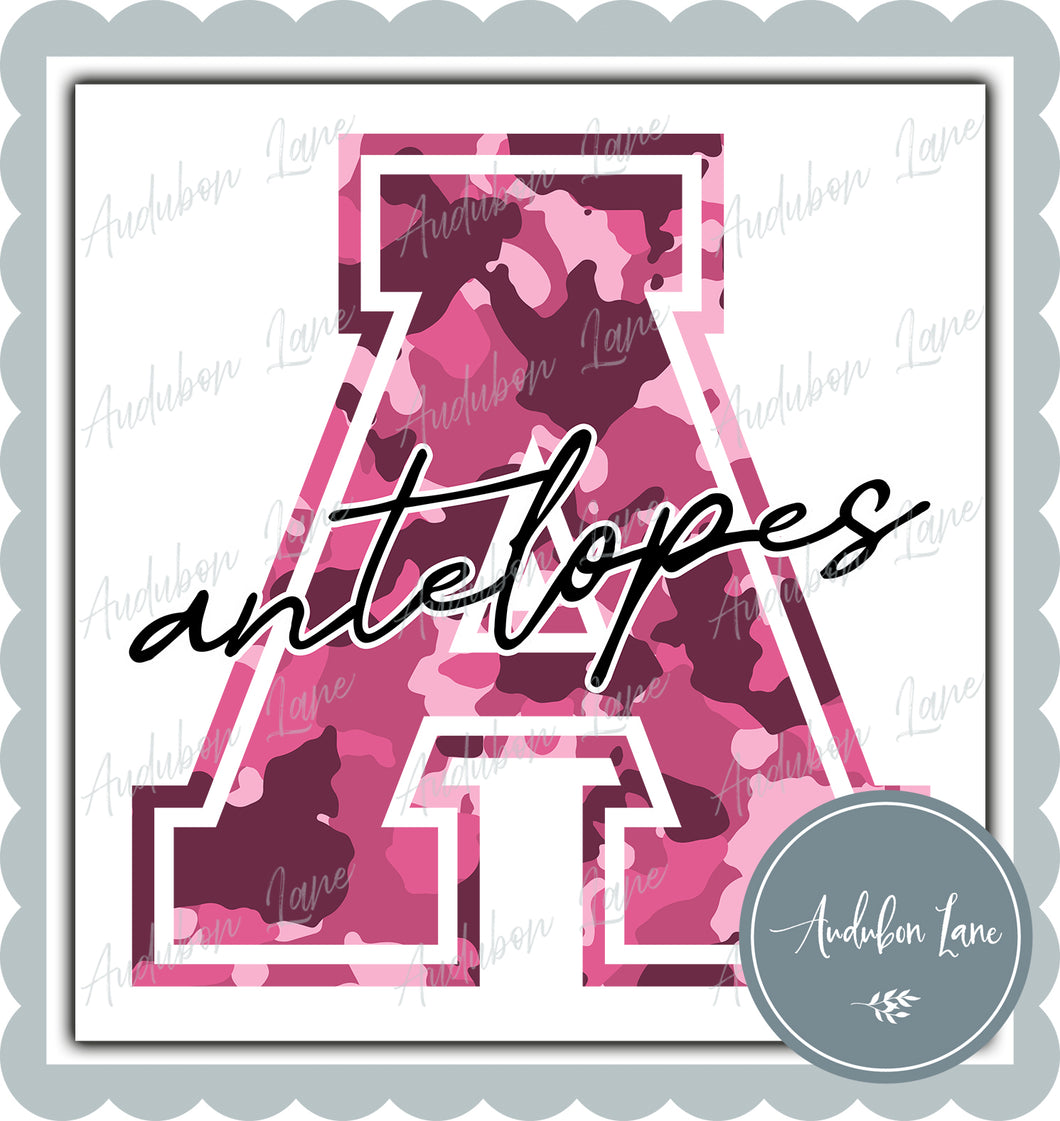 Antelopes Breast Cancer Awareness Pink Camo Mascot Letter Ready to Press DTF Transfer Customs Available On Request