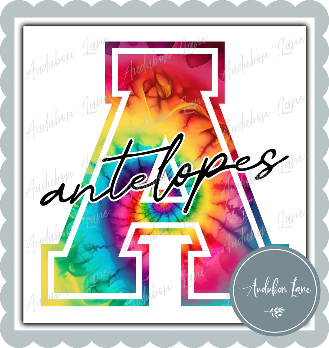 Antelopes Rainbow Tie Dye Mascot Letter Ready to Press DTF Transfer Customs Available On Request