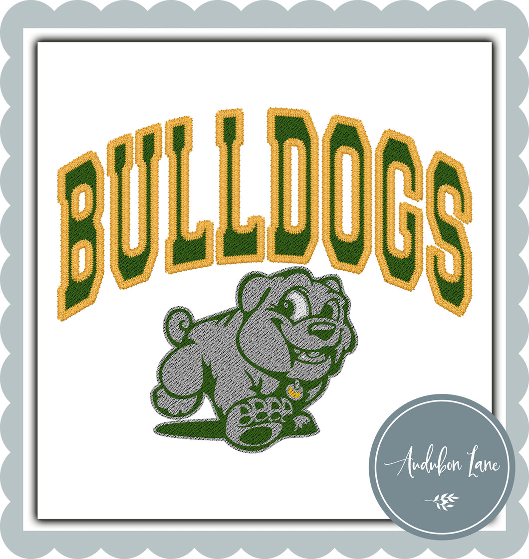 Bulldogs Faux Yellow Gold Arched Embroidery with Green Backing and Baby Bulldog