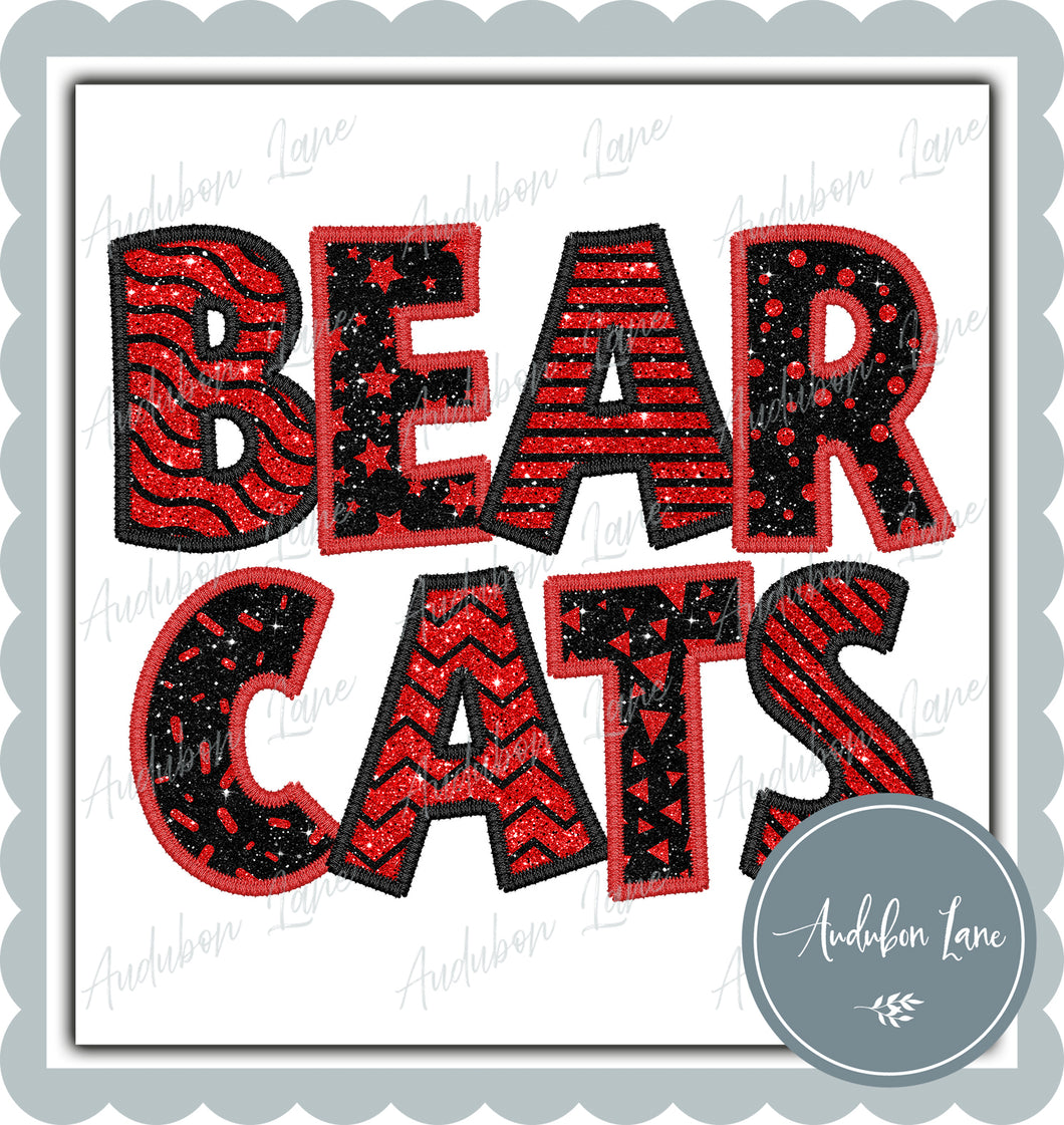 Bear Cats Stacked Faux Glitter and Embroidery Red and Charcoal Shapes Ready To Press DTF Transfer Custom Colors Available On Request