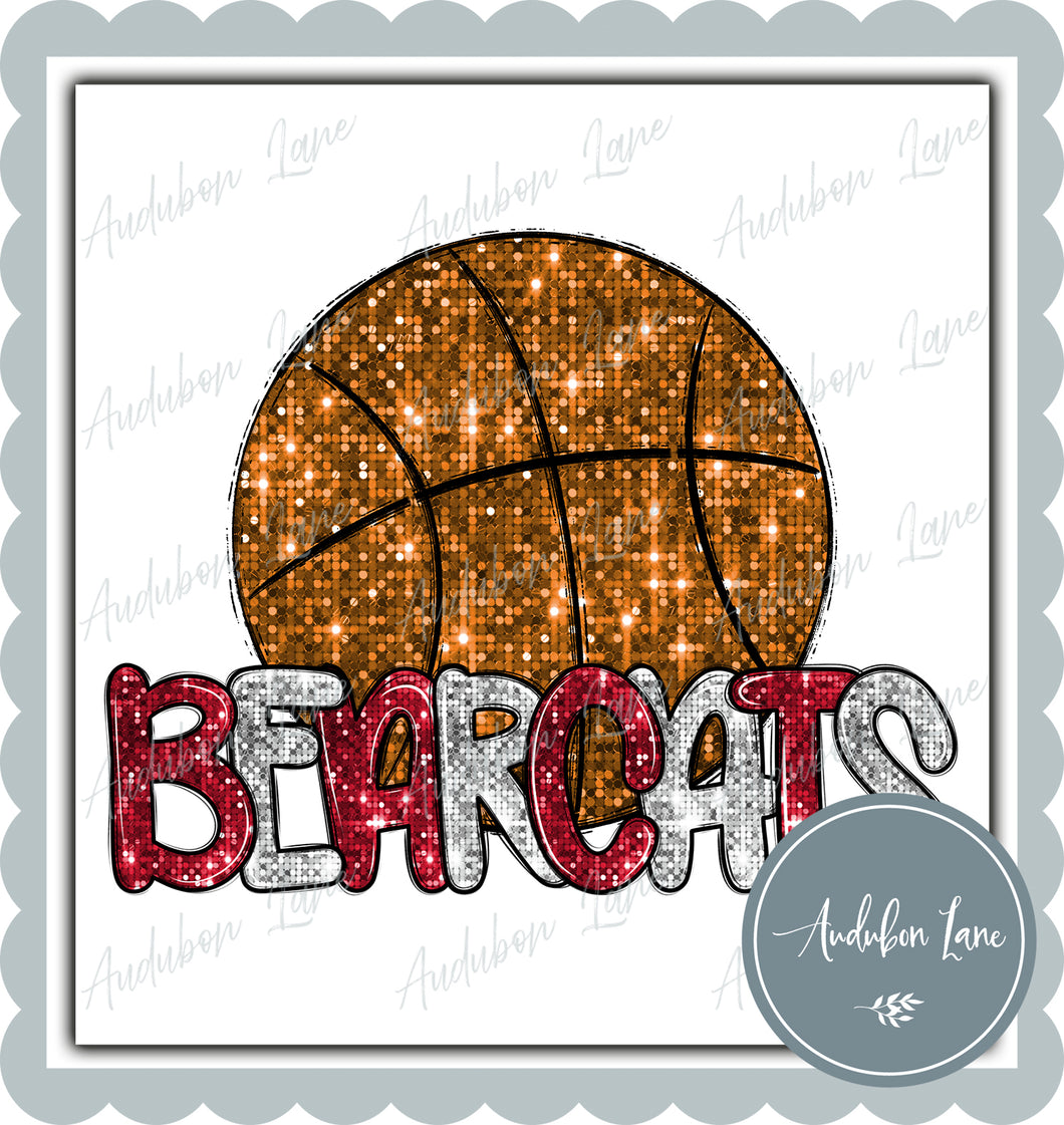 Bearcats Red and White Faux Sequin Basketball with Mascot Print Ready To Press DTF Transfer Custom Colors Available On Request