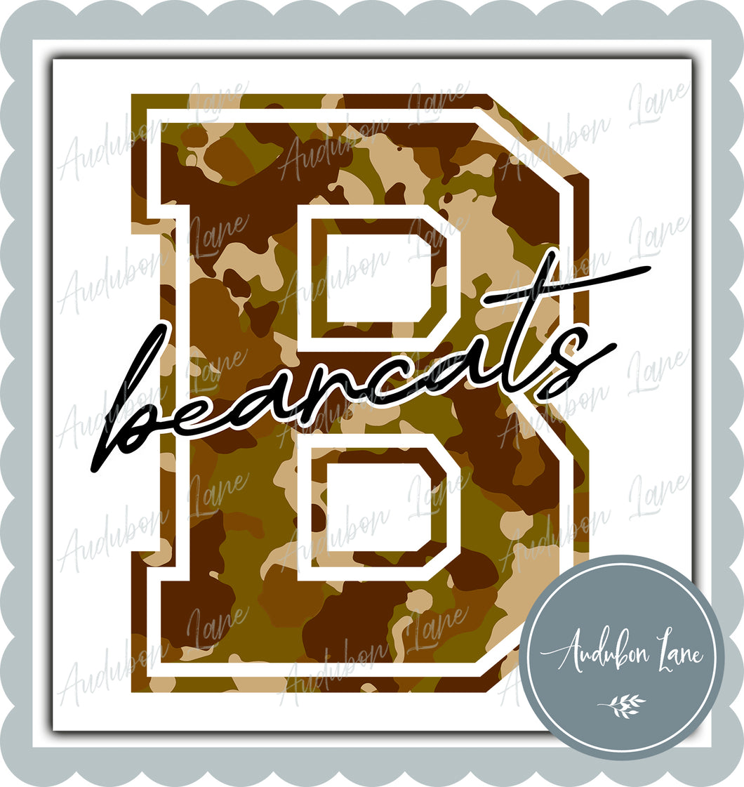 Bearcats Old School Camo Mascot Letter Ready to Press DTF Transfer Customs Available On Request