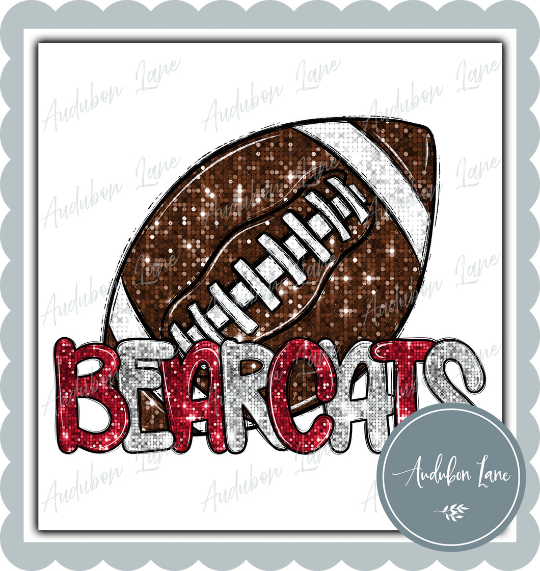 Bearcats Red and White Faux Sequin Football with Mascot Print Ready To Press DTF Transfer Custom Colors Available On Request