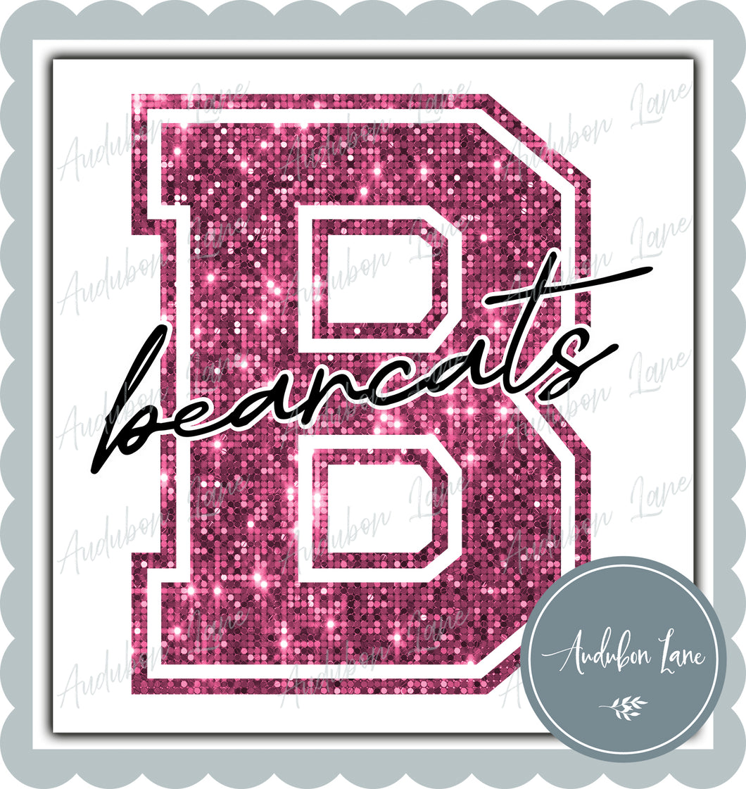 Bearcats Breast Cancer Awareness Faux Pink Sequin Mascot Letter Ready to Press DTF Transfer Customs Available On Request