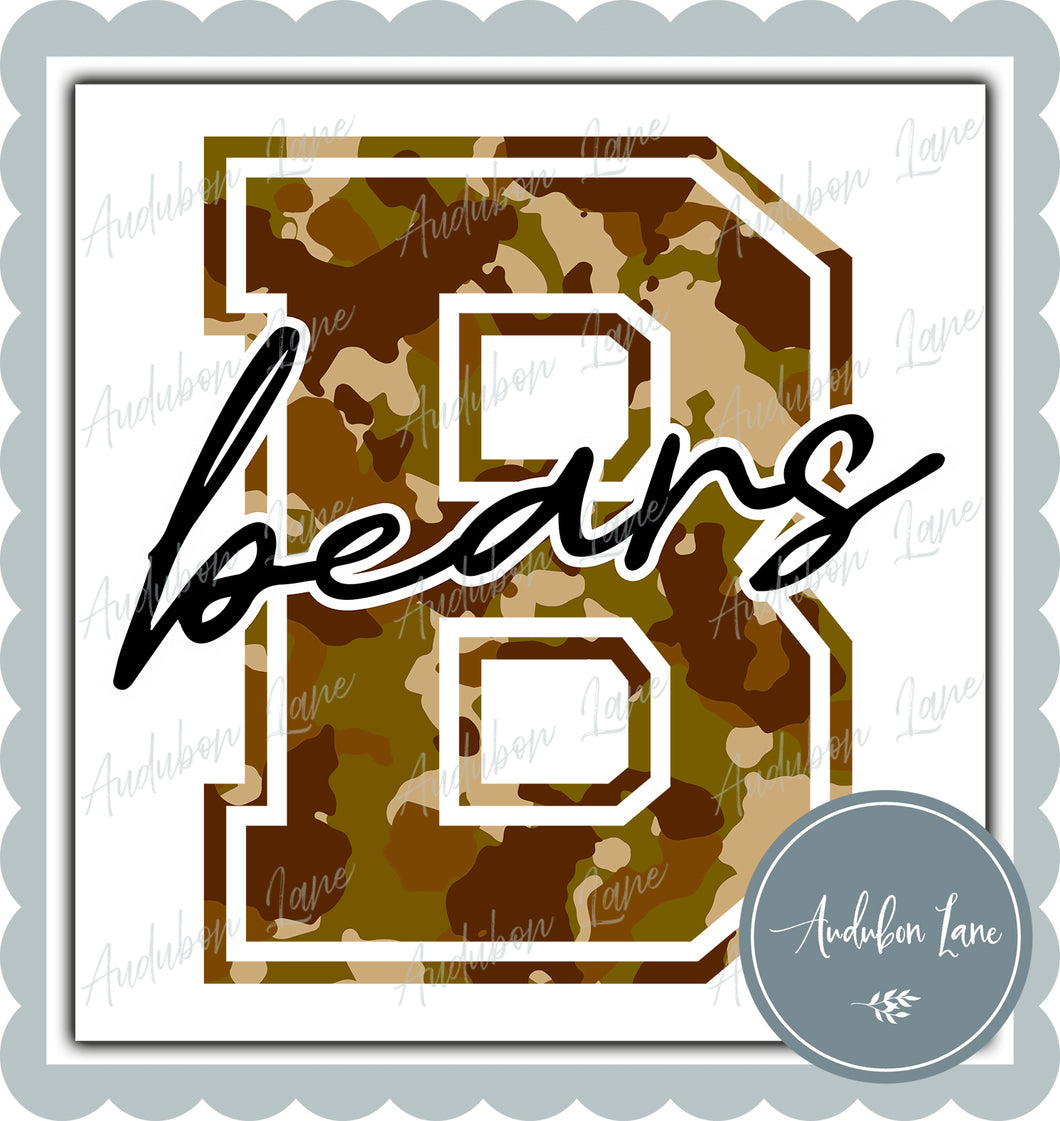 Bears Old School Camo Mascot Letter Ready to Press DTF Transfer Customs Available On Request