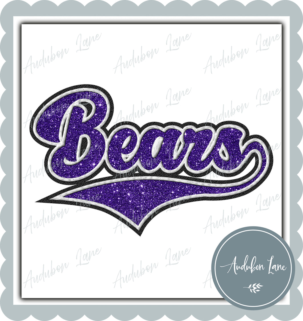 Bears Faux Embroidery Patch Faux Purple Glitter and White and Black Ready To Press DTF Transfer Custom Colors Available On Request