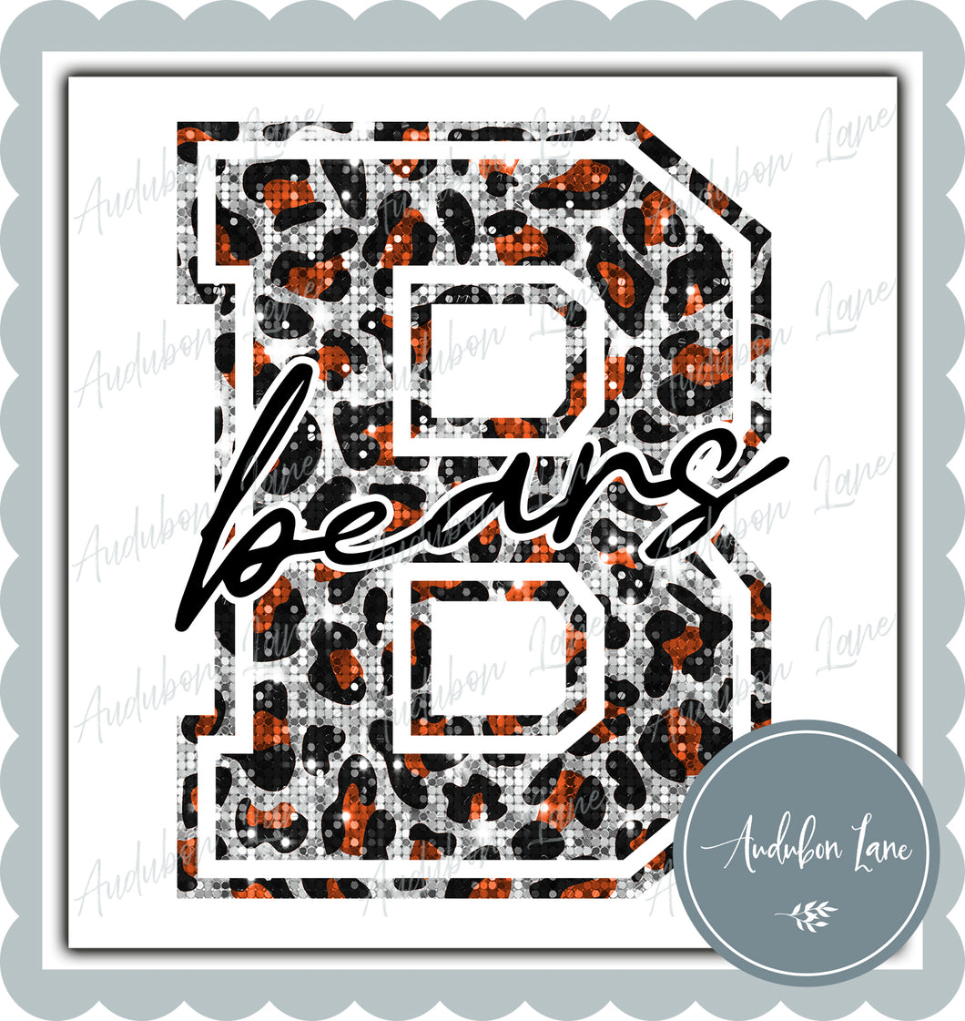 Bears Orange Sequin Leopard Mascot Letter Ready to Press DTF Transfer Customs Available On Request