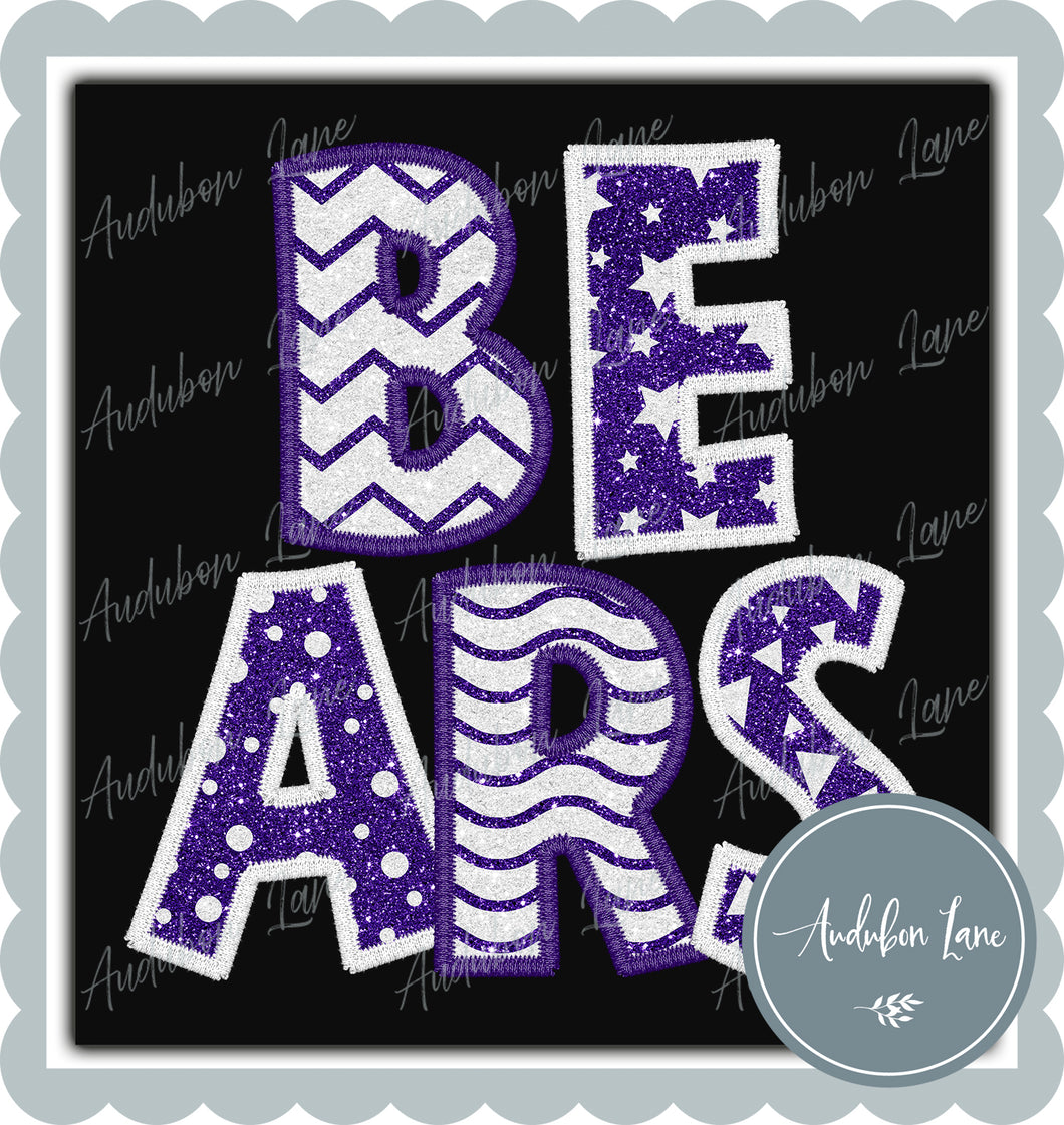 Bears Stacked Faux Glitter and Embroidery Purple and White Shapes Ready To Press DTF Transfer Custom Colors Available On Request