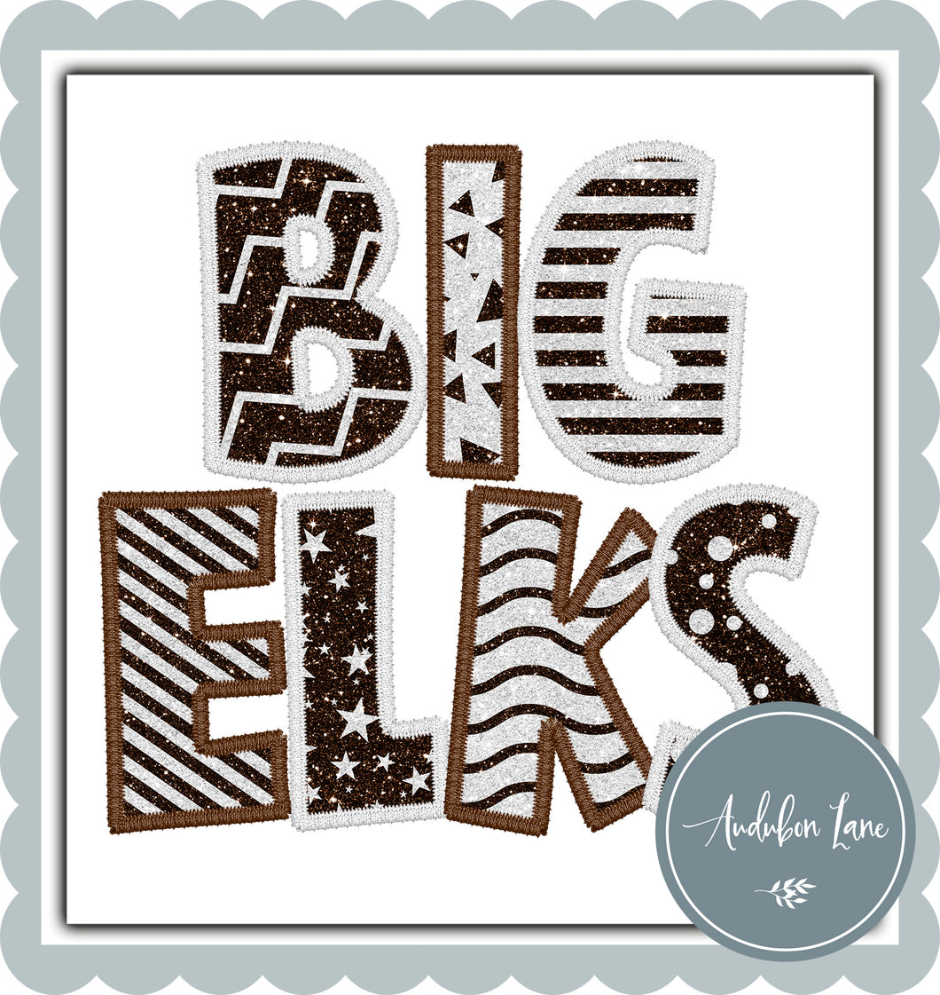 Big Elks Stacked Faux Glitter and Embroidery Brown and White