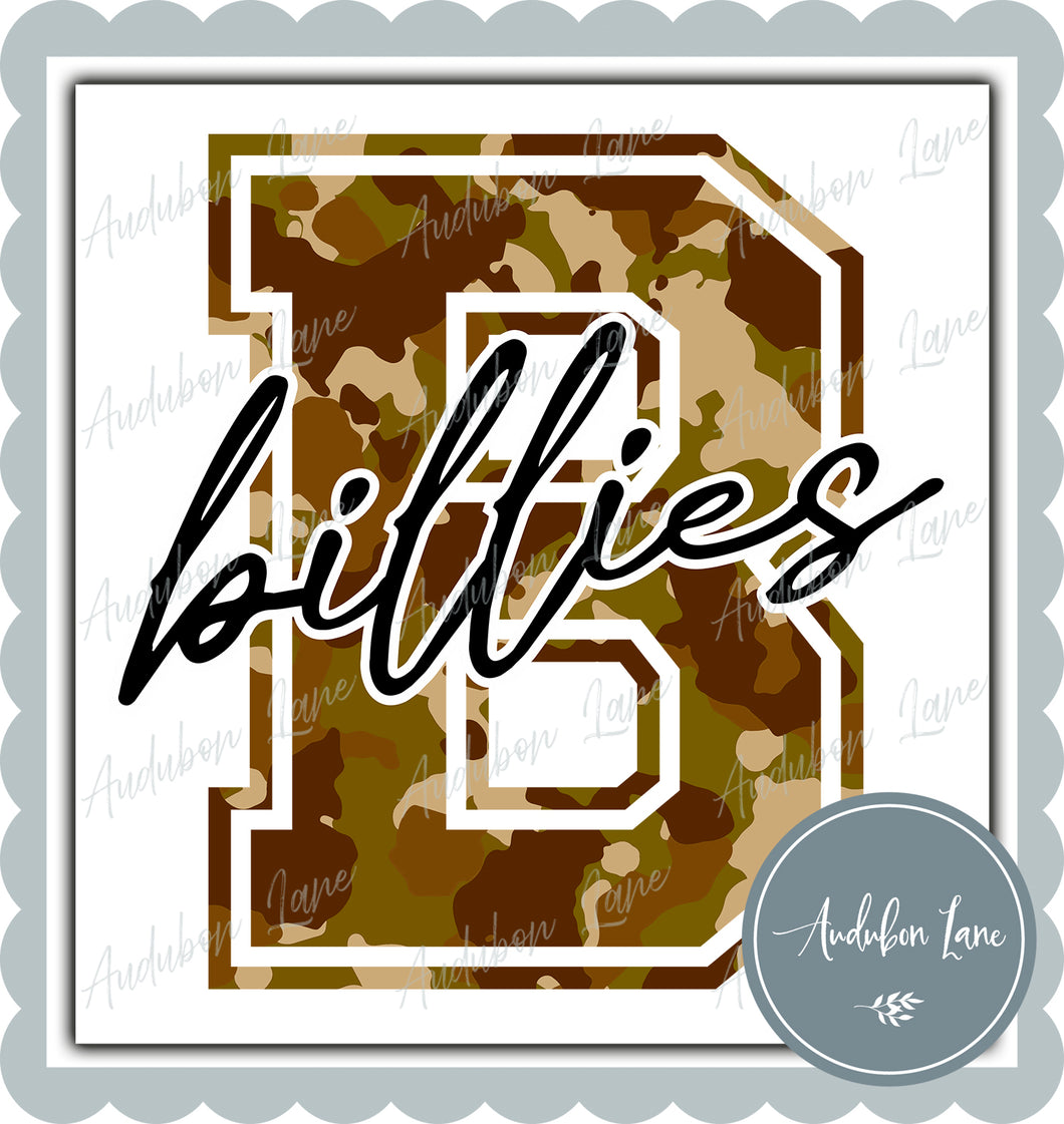 Billies Old School Camo Mascot Letter Ready to Press DTF Transfer Customs Available On Request