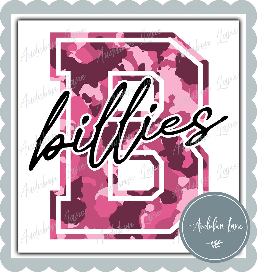 Billies Breast Cancer Awareness Pink Camo Mascot Letter Ready to Press DTF Transfer Customs Available On Request