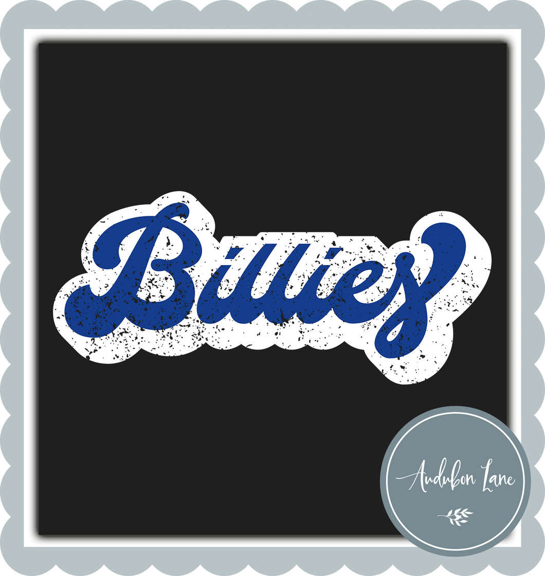 Billies Retro Distressed Royal Blue and White Print Ready To Press DTF Transfer Custom Colors Available On Request