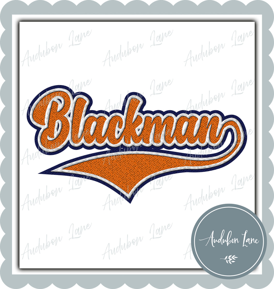 Blackman Faux Embroidery Patch Faux Navy and White and Orange Ready To Press DTF Transfer Custom Colors Available On Request