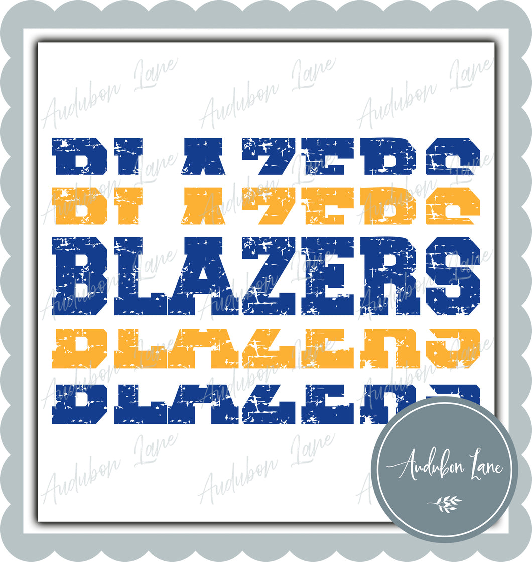 Blazers Stacked Pro Distressed Two Color Royal Blue and Yellow Gold Ready To Press DTF Transfer Custom Colors Available On Request