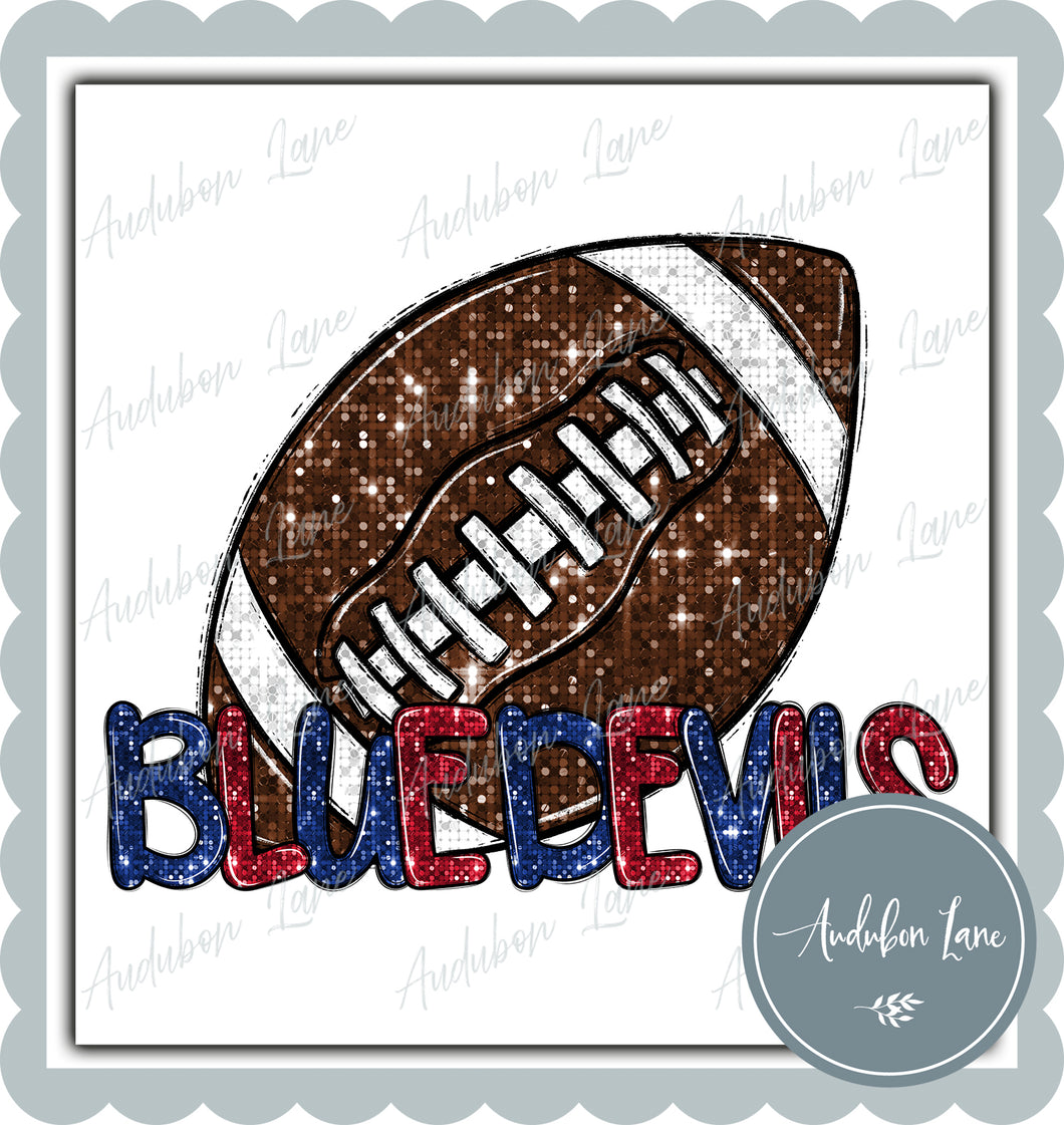 Blue Devils Red and Royal Blue Faux Sequin Football with Mascot Print Ready To Press DTF Transfer Custom Colors Available On Request