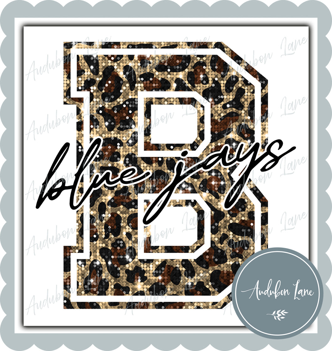 Bluejays Sequin Leopard Mascot Letter Ready to Press DTF Transfer Customs Available On Request
