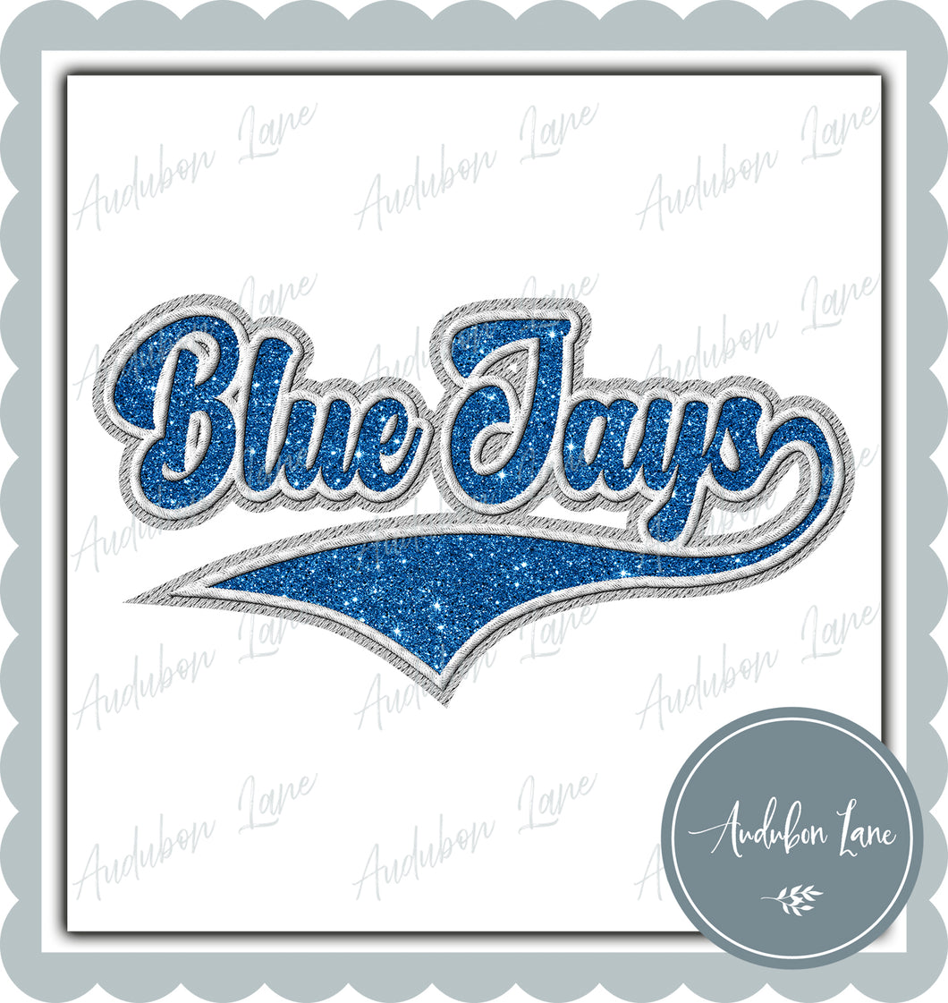 Blue Jays Faux Embroidery Patch Faux Blue Glitter and White and Lt Grey Ready To Press DTF Transfer Custom Colors Available On Request