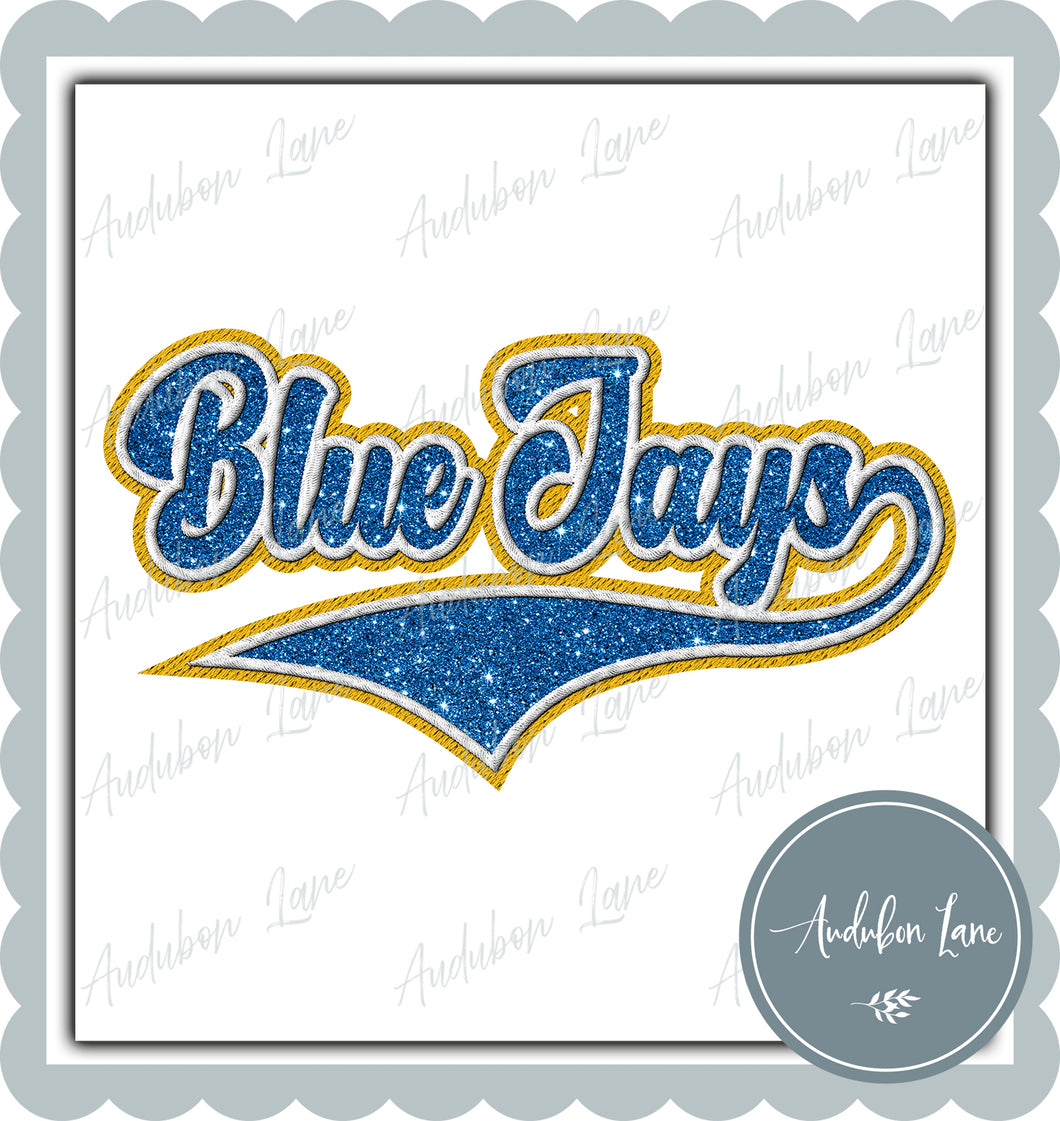 Blue Jays Faux Embroidery Patch Faux Blue Glitter and White and Yellow Ready To Press DTF Transfer Custom Colors Available On Request