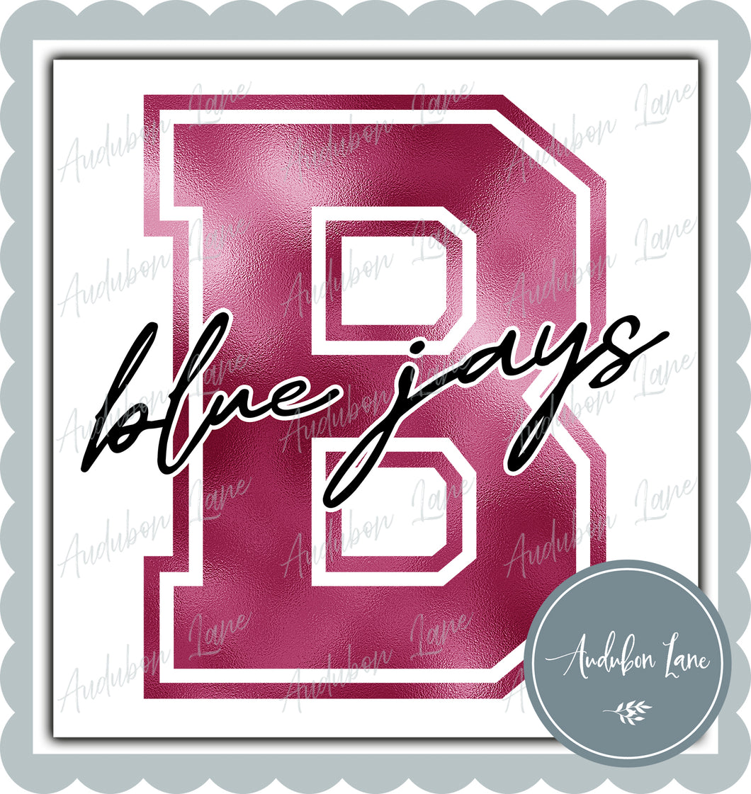 Bluejays Breast Cancer Awareness Faux Metallic Pink Foil Mascot Letter Ready to Press DTF Transfer Customs Available On Request