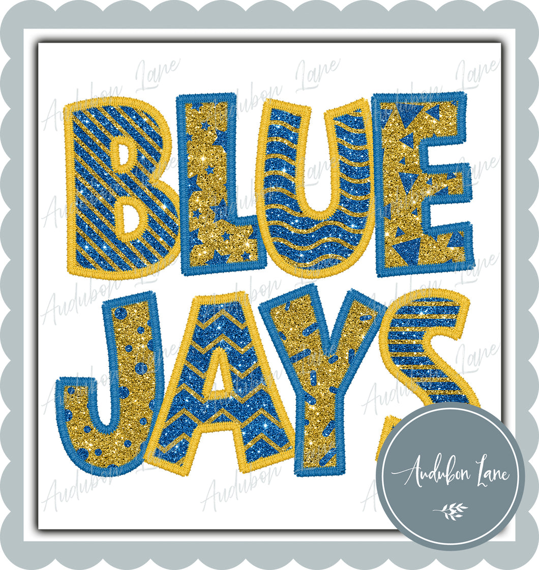 Blue Jays Stacked Faux Glitter and Embroidery Blue and Yellow Shapes Ready To Press DTF Transfer Custom Colors Available On Request