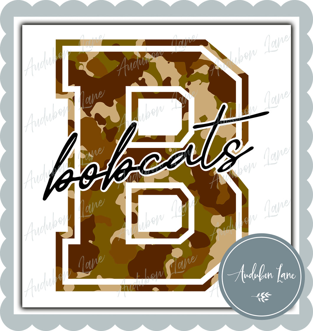 Bobcats Old School Camo Mascot Letter Ready to Press DTF Transfer Customs Available On Request